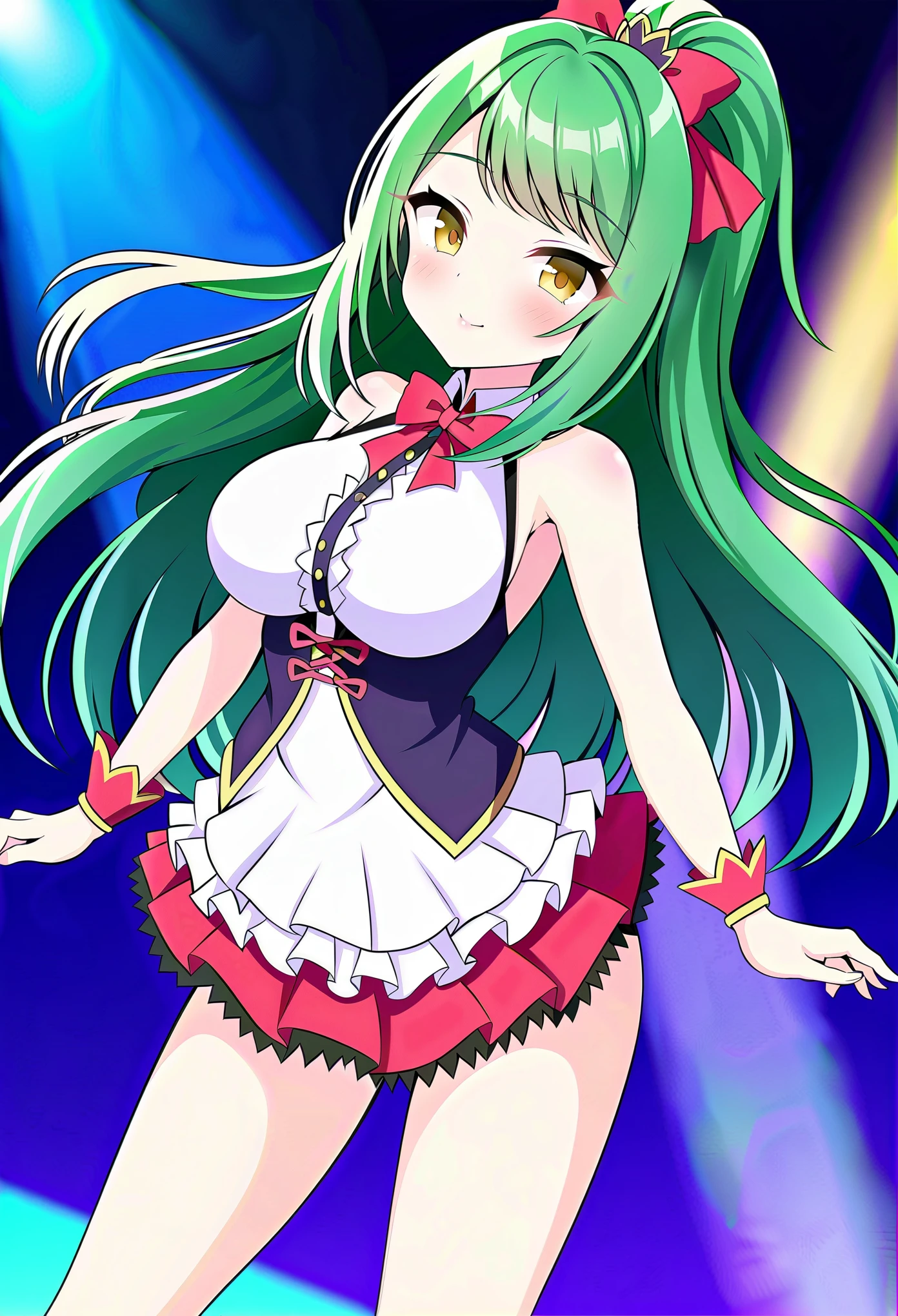 KOKONOESHINOBU, GREEN HAIR, SWEPT BANGS, LONG HAIR, YELLOW EYES,, large breasts, live stage, solo,
