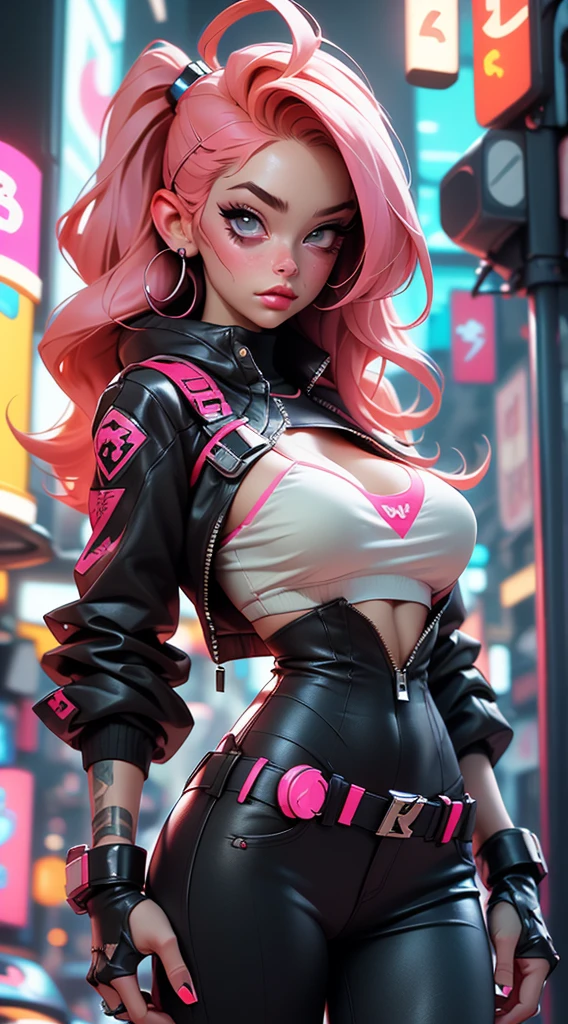 ((Best Quality, best resolution, award-winning portrait, official art)), ((perfect Masterpiece)), ((Realistic)) and ultra-detailed photography of a 1 nerdy cyberpunk girl with goth and post apocalyptic colors. She has ((long caramel-colored hair)), wears a (Harajuku-inspired cyberpunk tech-wear top) and a (Harajuku-inspired cyberpunk tech-wear bottom:1.2) , ((the most beautiful and aesthetic)), sexyper huge enormously gigantic tits, cleavage showing, hot, sexy, seive, slutty