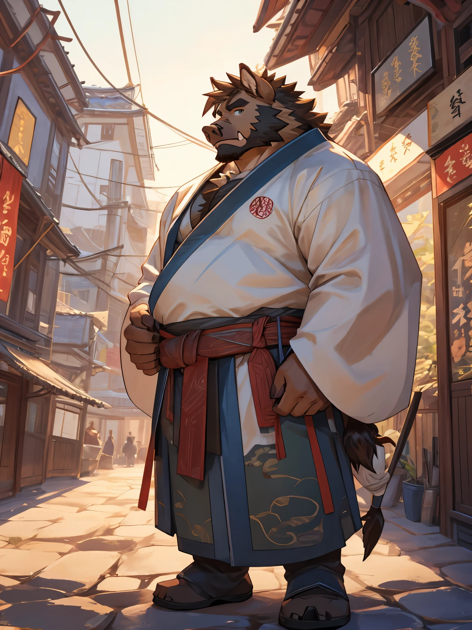 Anthropomorphic wild boar,have a fat belly,Succulent,Have chest muscles,brown hair,Standing on the street,Wearing Hanfu,A set of Hanfu