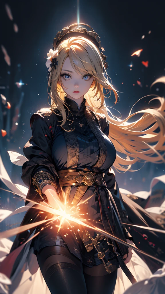 masterpiece, high quality, 4K, Beautiful design, silhouette,blonde, 非常に詳細な夜のStarry Sky,Flower Field, wonderful, Finer details, Very knowledgeable woman, Highly detailed solo, 1 female,Big Breasts,Gothic ta Fashion,2Hold a gun in front of your chest.,Night view,Starry Sky,full moon,