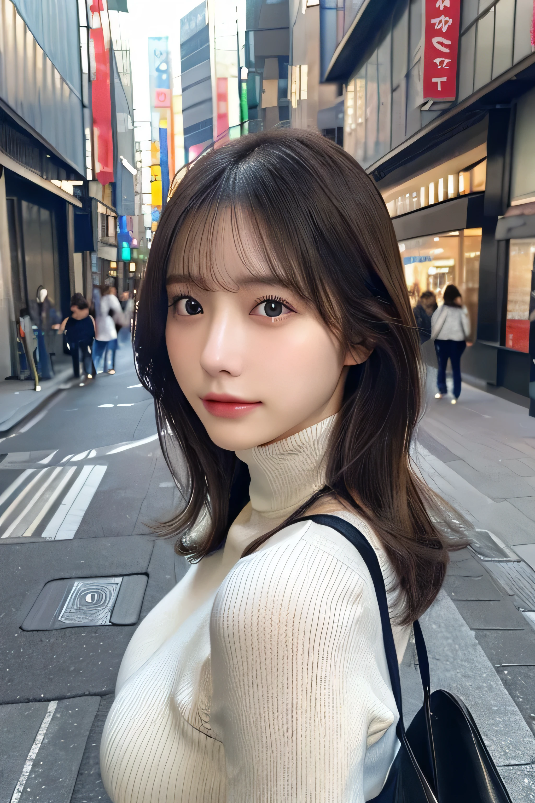 (Colossal tits、Turtleneck sweater、shoulder bags)、(top-quality,masterpiece:1.3,Ultra-high resolution,),(ultra - detailed,Caustics),(Reality:1.4,RAW shooting,)Hyper-realistic capture,A very detailed one,HD 16K human skin、 Natural skin texture、、Skin looks healthy、even skintone、 Use natural light and color,A woman who is,japanes,,kawaii,A brunette one,mid hair,(depth of fields、color difference、、Wide range of lighting、naturalshadow、)、(Hair swaying in the wind:1.2)、Streets of Tokyo、Large Breasts、