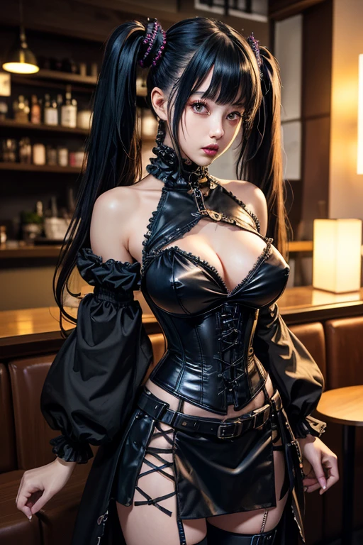 Cyberpunk art、32k，Complex，Very detailed，Digital photography，Black twin tails、Cyberpunk Black Off Shoulder Lolita Chiffon Blouse、Cyberpunk Black Steampunk Corset、Wearing a cyberpunk black gothic mini skirt、Working in a cafe、Japanese cyborg girl