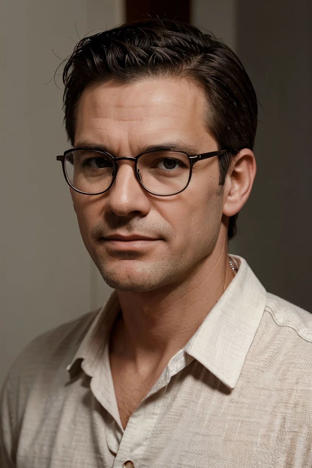 set of photos of handsome and simple man, 55 years old, with prescription glasses, shaved face