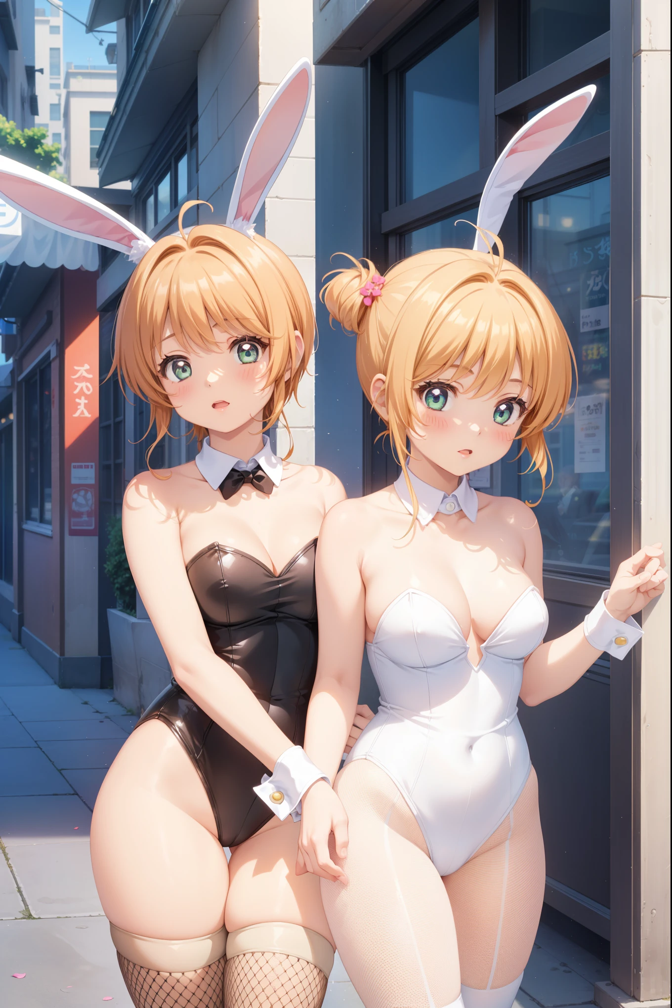 masterpiece, best quality, highres, (2girls), (multiple girls), detailed face, blush, anime CG style, (medium breasts), (18 year old girl:1.3), (aged up), good lighting, perfect body, sakura kinomoto, glossy lips, city street, strapless leotard, detached collar, wrist cuffs, (white fishnet tights), bunny ears, (curvy)
