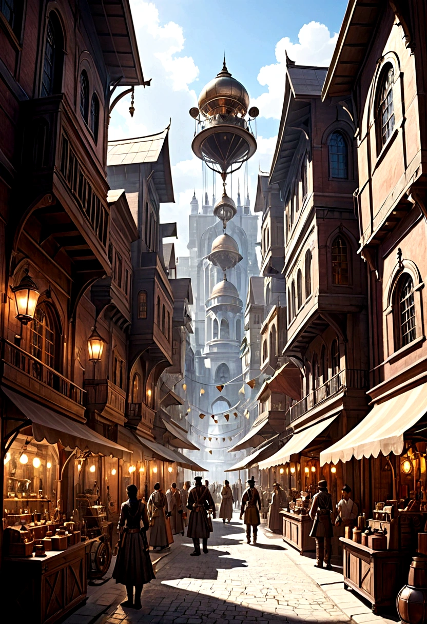 indian steampunk scene(marketplace, houses, streets) lots of steampunk and more people here and there