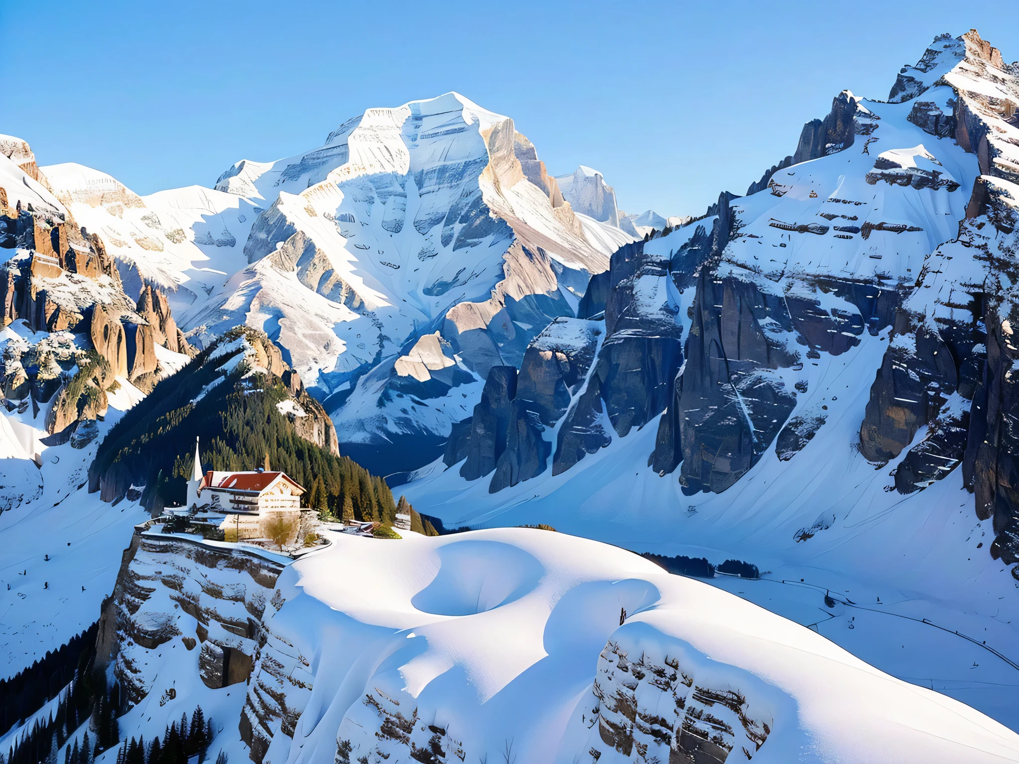 Snow Capped Mountain々And the small house in the foreground, Photograph by Robert Zund, pexels, Outdoor, lauterbrunnen valley, Switzerland Alps, in the Switzerland Alps, The Alps are in the background, Switzerland, Zenith View, Alpine Landscape, The Alps, very very very beautiful scenery, very very beautiful scenery,(rawphotograph),(Photograph-like images),photograph,(Alps House々),(cliff)