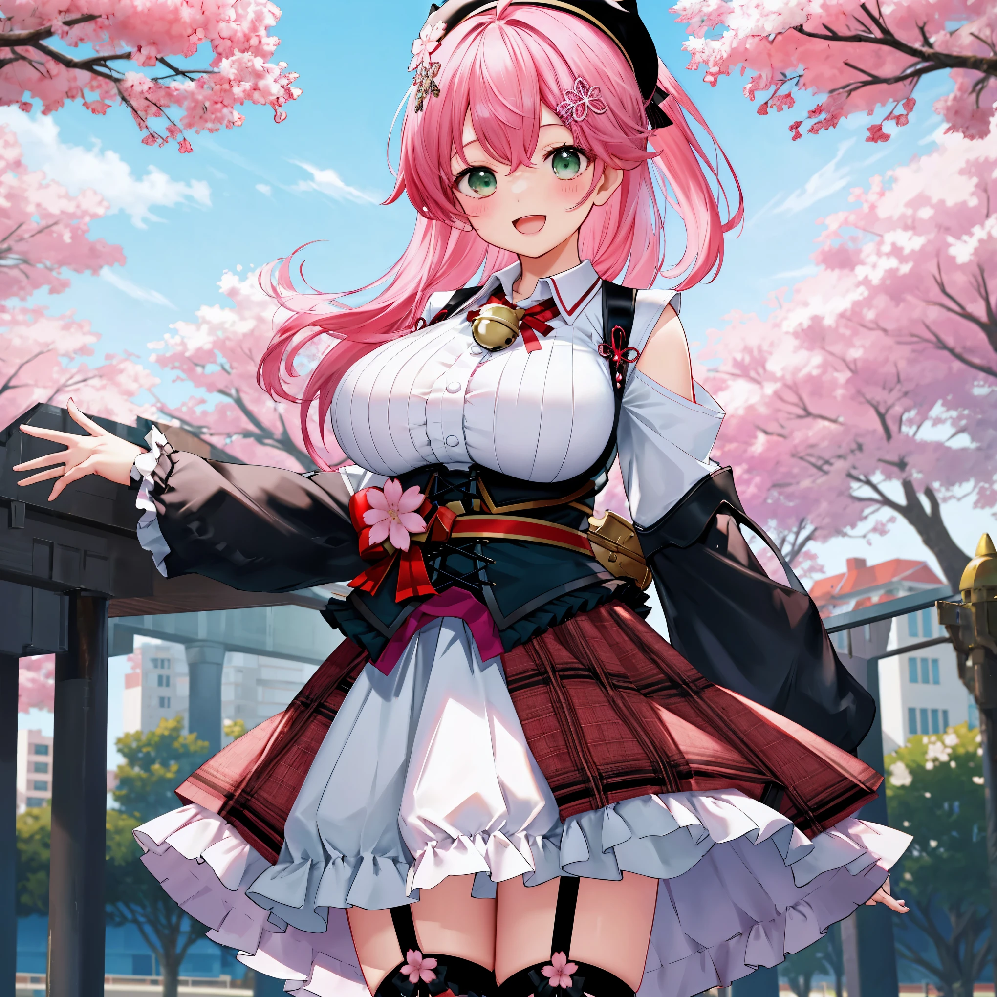 masutepiece, Best_Quality, hight_resolution, miko2,Ponytail, 1girl, Ahoge, black headwear, Hair Ornament, White shirt, black thighhighs, Pink hair, Red_skirt, very_short_skirt, plaid skirts, garter_strap, Collared shirt, hair clips, frilld, Bangs, hair between eye, frills skirt, beret, Pleated skirt, Hair Flower, Neck bell, , puffy long sleeves, Black bow, Underbust, Cowboy Shot,Smile, (gigantic_breasts:1.3),covered_nipples, covered_pussy,green_eyes, happy, childlike_posing,spread_legs,(big_smile:1.2),plump,open_mouth,shout,half_eyes,cherryblossom_park_background,
