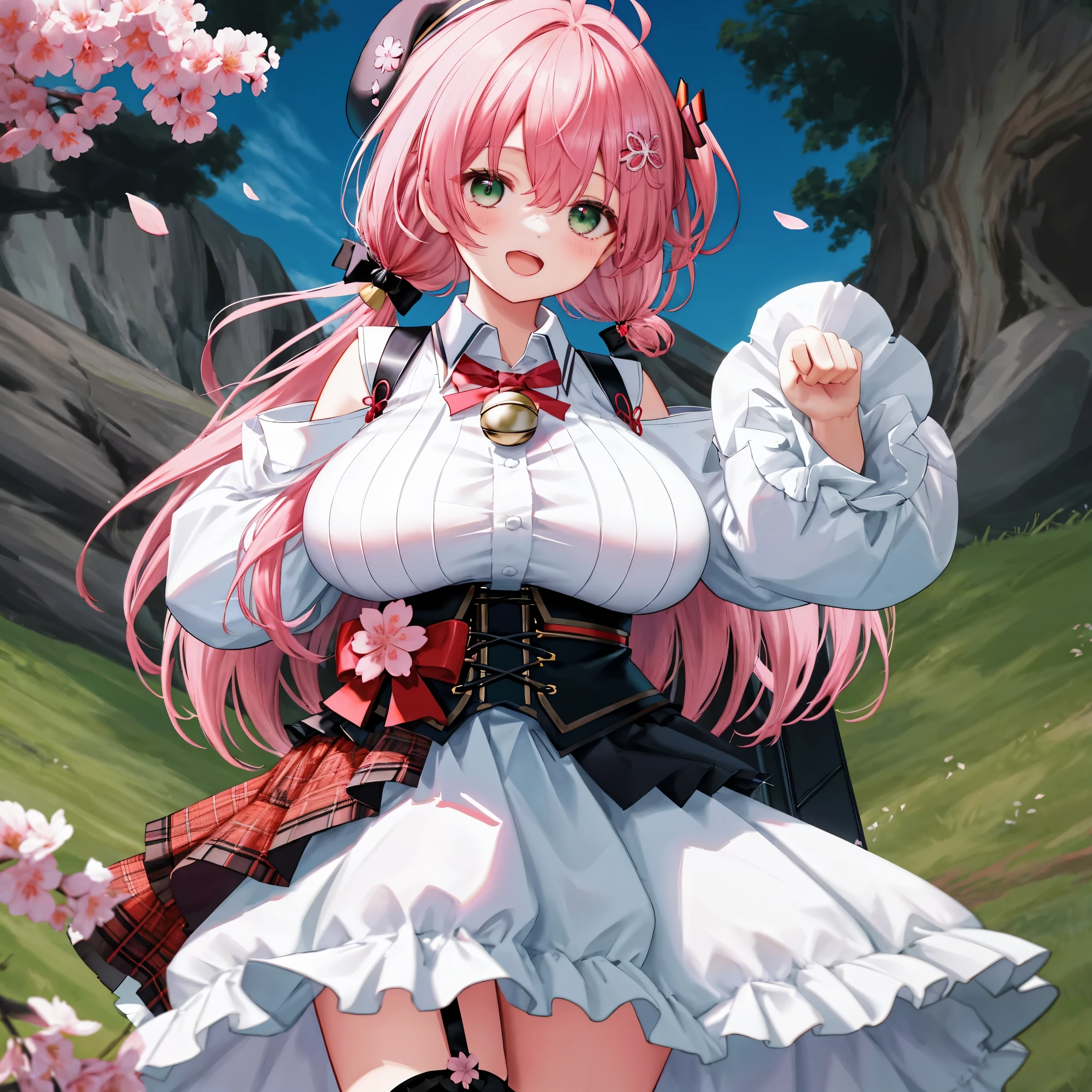 masutepiece, Best_Quality, hight_resolution, miko2,Ponytail, 1girl, Ahoge, black headwear, Hair Ornament, White shirt, black thighhighs, Pink hair, Red_skirt, very_short_skirt, plaid skirts, garter_strap, Collared shirt, hair clips, frilld, Bangs, hair between eye, frills skirt, beret, Pleated skirt, Hair Flower, Neck bell, , puffy long sleeves, Black bow, Underbust, Cowboy Shot,Smile, (gigantic_breasts:1.3),covered_nipples, covered_pussy,green_eyes, happy, childlike_posing,spread_legs,(big_smile:1.2),plump,open_mouth,shout,half_eyes,cherryblossom_park_background,