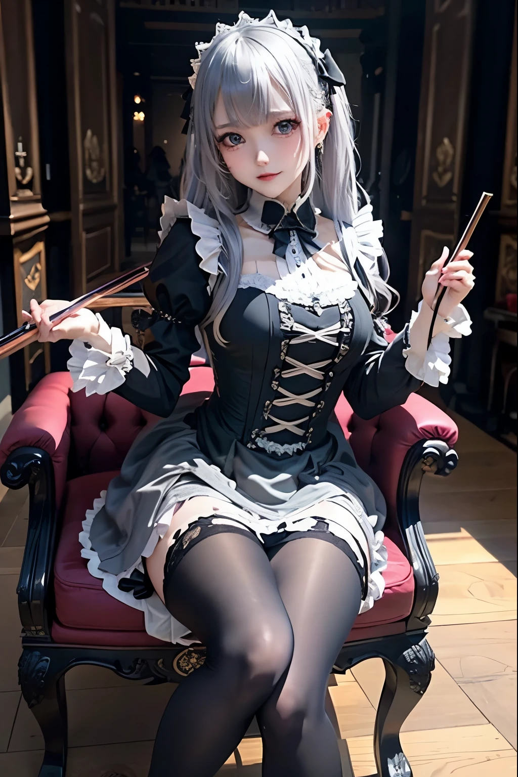 ハードDark Gothicメイク、Deep Night Sky、Horror、Black dark eyeshadow、sad、Good skin radiance、Dark Gothicメイク、Dark smile、palace、24-years-old、Embarrassed look、Dark Gothic、Obscene language、highest quality、Drunk face、紫のMaid clothes、Mysterious、Noble、sexy、Loving smile、Right blue eye, Left eye is red、Platform Heel Shoes、Heavy makeup、Gothic ta Clothing、Silver Hair、Long Hair Straight Hair、Cute Gothic Loliress、Beautiful Face、elegant features、Fascinating face、Stained glassが背景、Chest glistening with sweat、The room is dark、gothic long dress、Bell Sleeves、Wizard Sleeve、Decadent look、Sexually excited expression、Glossy thighs wet with water、Thighs that are wet and shiny with oil、Background of a room full of roses、The embroidery is pink、The dress has pink embroidery、Thigh-high socks、Knee-high socks、Gentle expression、Dark black eyeshadow、Stained glassと薔薇背景、Female Duo、Female couple、dark church background、Stained glass、Black metal world、Dark Castle、Slender body、gothic long dress、Maid clothes、Victorian dresses、Her thighs glisten with sweat、My body is wet and shiny、Lots of glitter on the thighs、My thighs are sticky from sweating、Sweat glistens on the thighs, The whole body is sweaty and shiny、Quite sweaty、My thighs are sweaty、My thighs are so wet、My thighs are shining with sweat、A lot of sweat glistens all over the body、Small breasts、Orchestra StageStage、Dynamic Angle、sitting on a gothic chair、Play the violin gracefully、With a violin、Press the violin strings、violinist、orchestra performance、Thin thighs、slender、Violin body and strings、Sit on a chair、pantyhose、