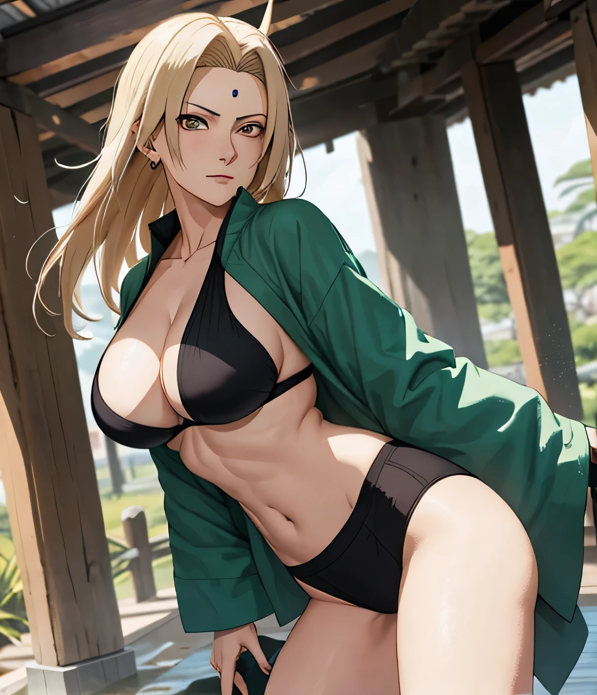 Tsunade Senju, Bela, obra prima, extremamente detalhado, melhor qualidade, best ilumination, melhor sombra, rosto perfeito, olhos castanhos brilhantes, bellybutton, groin, marca azul na testa, big breasts, usando um quimono cinza com um cinto vermelho e uma jaqueta verde, 1 girl, peitos grandes, bunda grande, inclinada pra frente olhando para o expectador, em konoha,