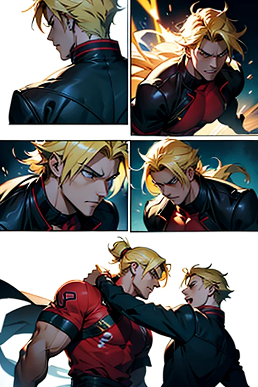 Anime guy with blonde hair fighting and getting hit, intense fight scene and detailed expressions, manga page with panels and dialogue