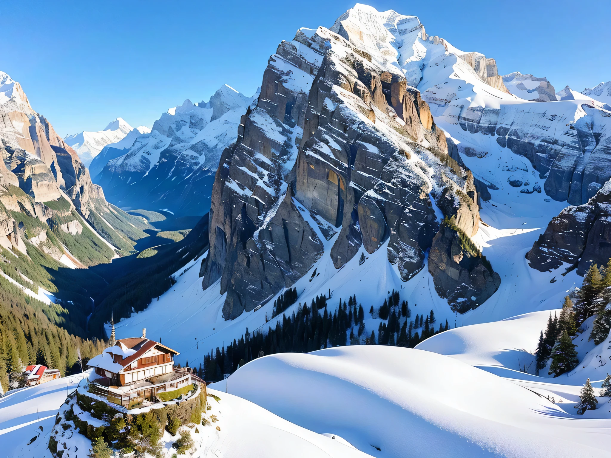 Snow Capped Mountain々And the small house in the foreground, Photograph by Robert Zund, pexels, Outdoor, lauterbrunnen valley, Switzerland Alps, in the Switzerland Alps, The Alps are in the background, Switzerland, Zenith View, Alpine Landscape, The Alps, very very very beautiful scenery, very very beautiful scenery,(rawphotograph),(Photograph-like images),photograph,(Alps House々),(cliff)