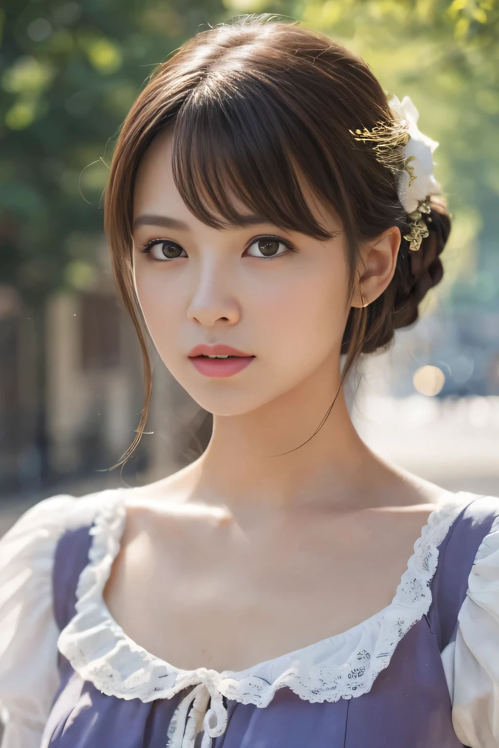 ((Tabletop:1.4, highest quality)), (Realistic photos:1.4),
((1 girl)), (Otherworldly beauty), (dream-like),
(超High resolution:1.2), Very delicate and beautiful, wonderful, Very detailed CG Unity 8k wallpaper, Very detailed, High resolution,
Soft Light, Beautiful detailed girl, Very detailedな目と顔, Beautiful and detailed nose, Beautiful and detailed,
(Dressed in 19th century French costume:1.3),
Cinema Lighting, Perfect Anatomy, Slender body, (Parted bangs),
(Impressionist portrait of a beautiful lady), (outdoor), (Daughter of a Parisian florist in the late 19th century), (Impressionist purple color scheme),
Cowboy Shot, Looking at the audience