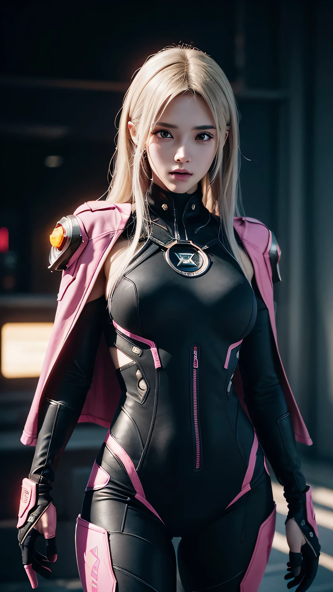 ((Best quality)), ((masterpiece)), (detailed:1.4), 3D, an image of a beautiful cyberpunk female with a cape, HDR (High Dynamic Range),Ray Tracing,NVIDIA RTX,Super-Resolution,Unreal 5,Subsurface scattering,PBR Texturing,Post-processing,Anisotropic Filtering,Depth-of-field,Maximum clarity and sharpness,Multi-layered textures,Albedo and Specular maps,Surface shading,Accurate simulation of light-material interaction, Pink Neon suit, Perfect proportions,Octane Render,Two-tone lighting,Wide aperture,Low ISO,White balance,Rule of thirds,8K RAW,