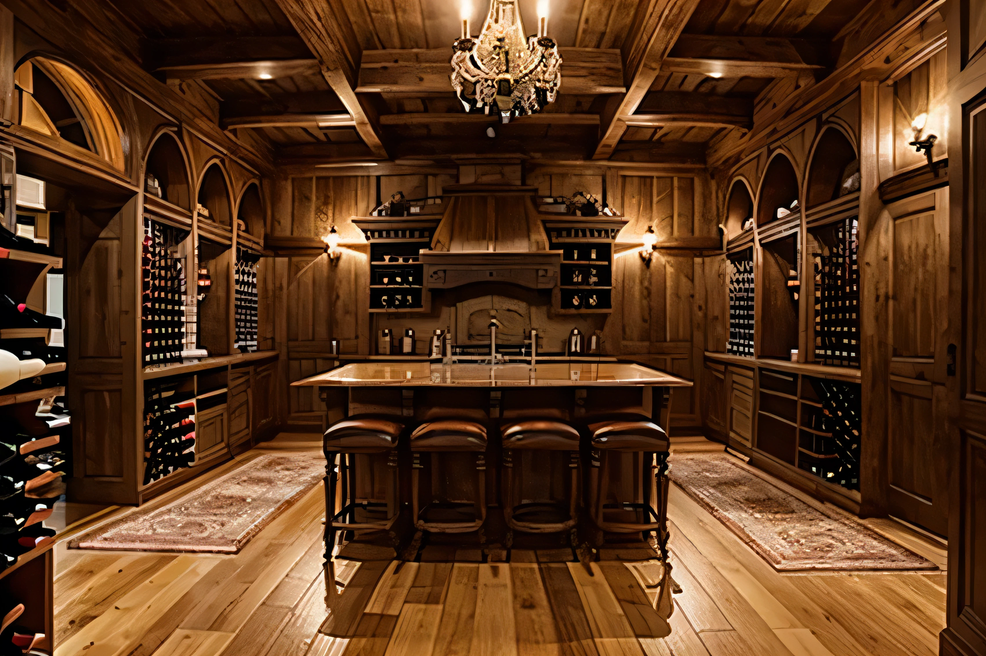 wine cellar under the villa, Pine paneling all around the walls, Surrounded by wooden cabinets for wine storage, Use chandeliers, Hang a deer head on the decorative wall, painted in vintage colors, Classic European lines, trần tạo hình tròn, The walls are all covered with pine wood, floor made of wood, domed cabinet, There are wine drums