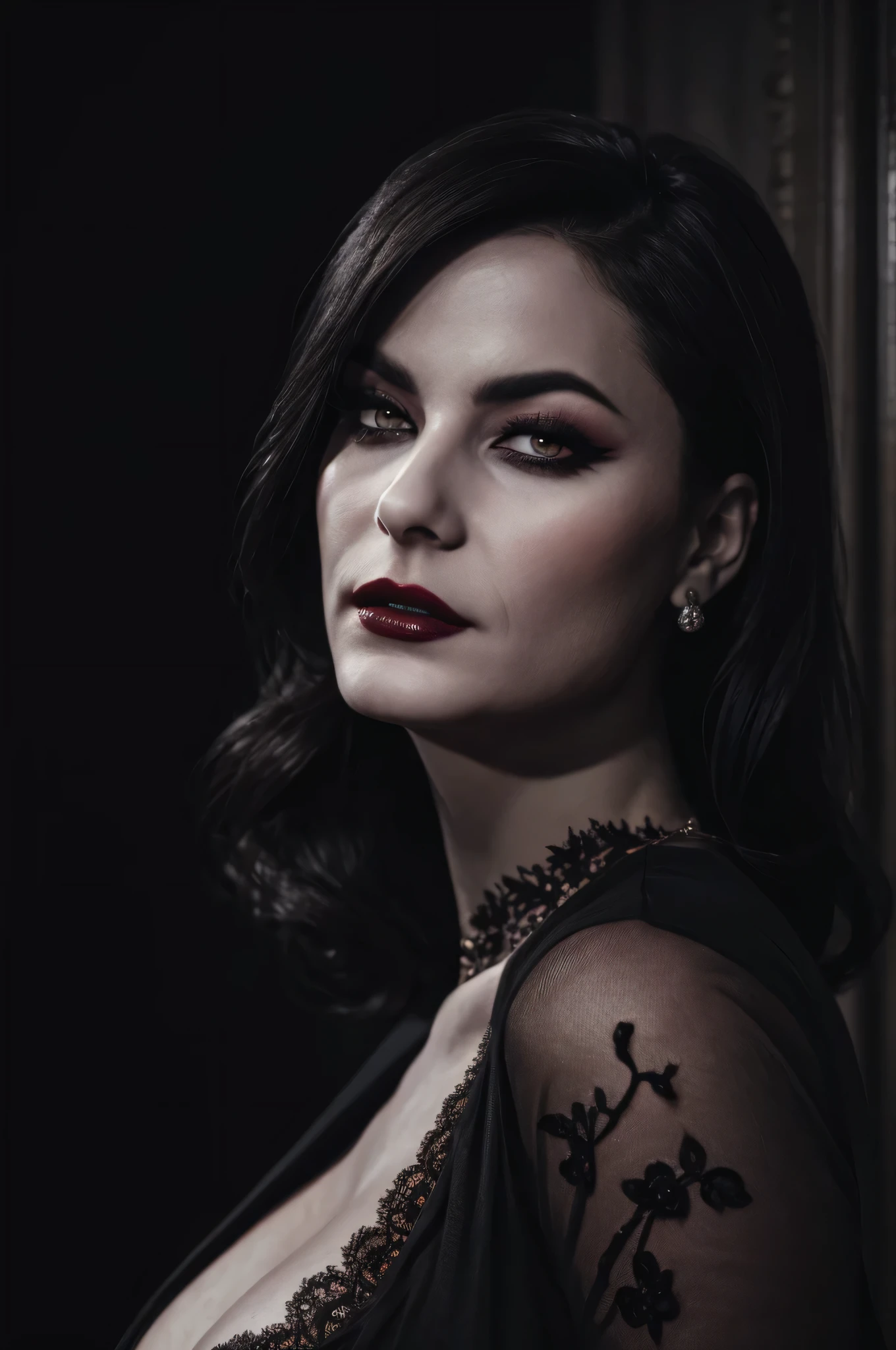 arafed woman with dark hair and lipstick ,sheer dress ,lace, big breast,portrait, beautiful woman, beautiful female queen, evil look, beautiful classy woman ,eyeliner,wonderful highly detailed masterpiece, elegant, digital painting, smooth, dramatic lighting, ultra realistic, 8k, art , blur backgrond, black background ,black background,black wallpaper