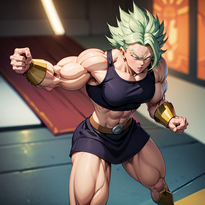 A detailed drawing of Kale as a legendary super warrior, weiblicher Bodybuilder Charakter, Amazon warrior,extrem definierte Muskeln, dicke Nackenmuskulatur, breite Schultern, muscular shoulders, defined and muscular chest, large , extrem dicker Bizeps, definierte Bauchmuskeln, dicke definierte beinmuskeln, Adern pulsieren aus den Muskeln, dark green hair color, she is wearing a skimpy red bikini, barefoot, strongest woman in the world, unbesiegbar, great power, grimmiger Gesichtsausdruck, Full body image