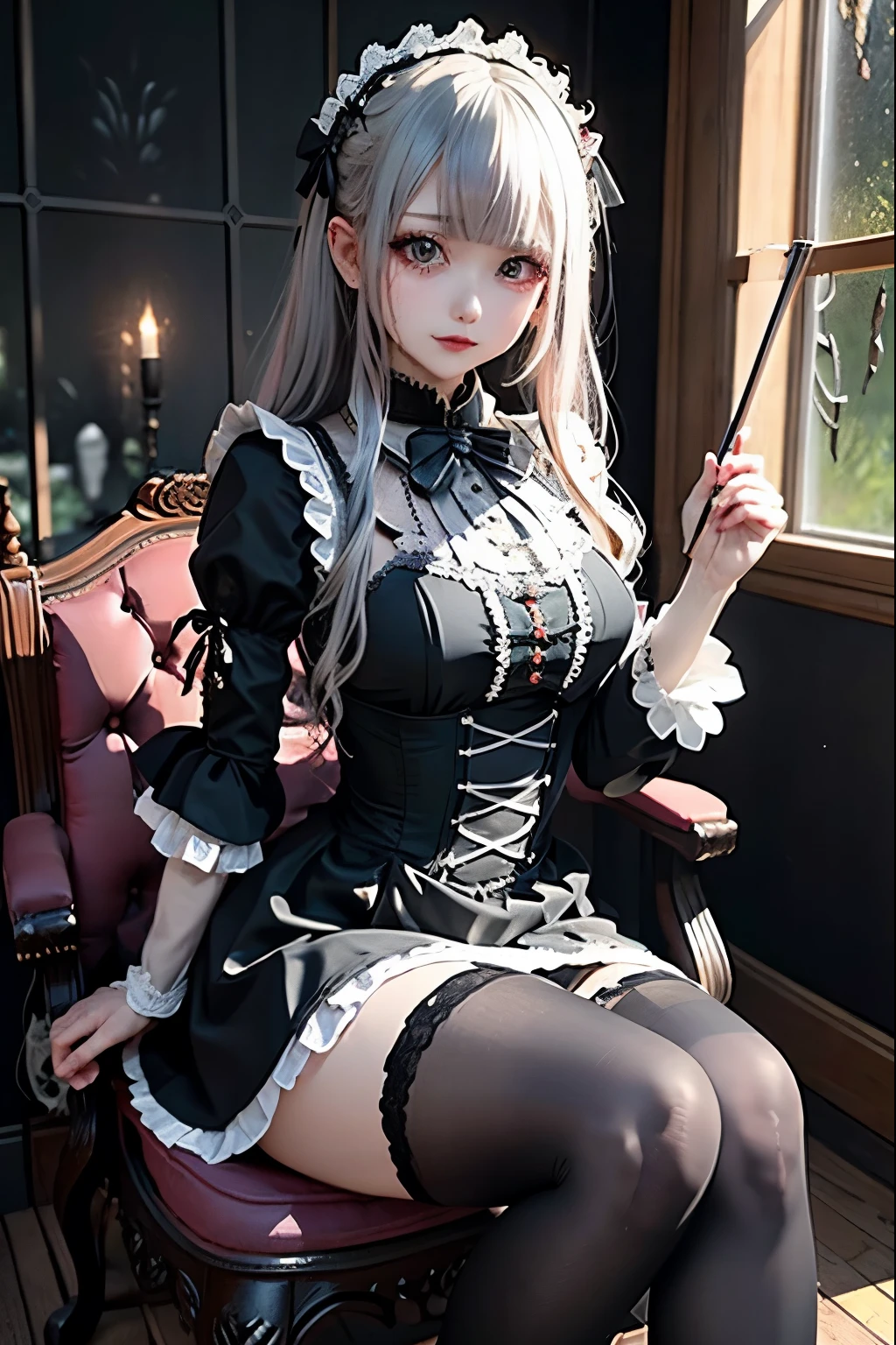 ハードDark Gothicメイク、Deep Night Sky、Horror、Black dark eyeshadow、sad、Good skin radiance、Dark Gothicメイク、Dark smile、palace、24-years-old、Embarrassed look、Dark Gothic、Obscene language、highest quality、Drunk face、紫のMaid clothes、Mysterious、Noble、sexy、Loving smile、Right blue eye, Left eye is red、Platform Heel Shoes、Heavy makeup、Gothic Lolita Clothing、Silver Hair、Long Hair Straight Hair、Cute Gothic Lolita Dress、Beautiful Face、elegant features、Fascinating face、Stained glassが背景、Chest glistening with sweat、The room is dark、gothic long dress、Bell Sleeves、Wizard Sleeve、Decadent look、Sexually excited expression、Glossy thighs wet with water、Thighs that are wet and shiny with oil、Background of a room full of roses、The embroidery is pink、The dress has pink embroidery、Thigh-high socks、Knee-high socks、Gentle expression、Dark black eyeshadow、Stained glassと薔薇背景、Female Duo、Female couple、dark church background、Stained glass、Black metal world、Dark Castle、Slender body、gothic long dress、Maid clothes、Victorian dresses、Her thighs glisten with sweat、My body is wet and shiny、Lots of glitter on the thighs、My thighs are sticky from sweating、Sweat glistens on the thighs, The whole body is sweaty and shiny、Quite sweaty、My thighs are sweaty、My thighs are so wet、My thighs are shining with sweat、A lot of sweat glistens all over the body、Small breasts、Orchestra StageStage、Dynamic Angle、sitting on a gothic chair、Play the violin gracefully、With a violin、Press the violin strings、violinist、orchestra performance、Thin thighs、slender、Violin body and strings、Sit on a chair、pantyhose、