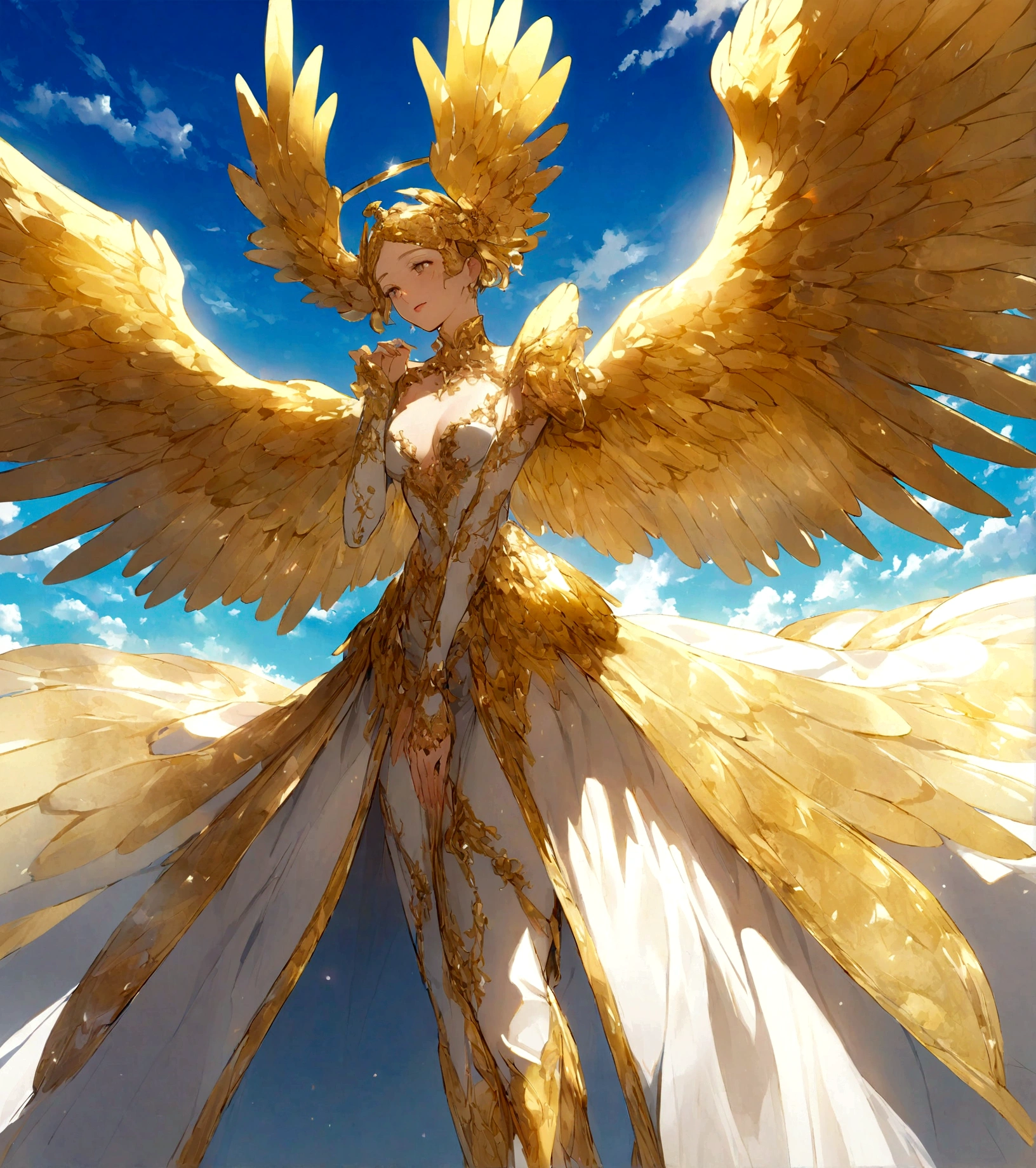 angels in the sky, big wings, shiny, golden, blue sky