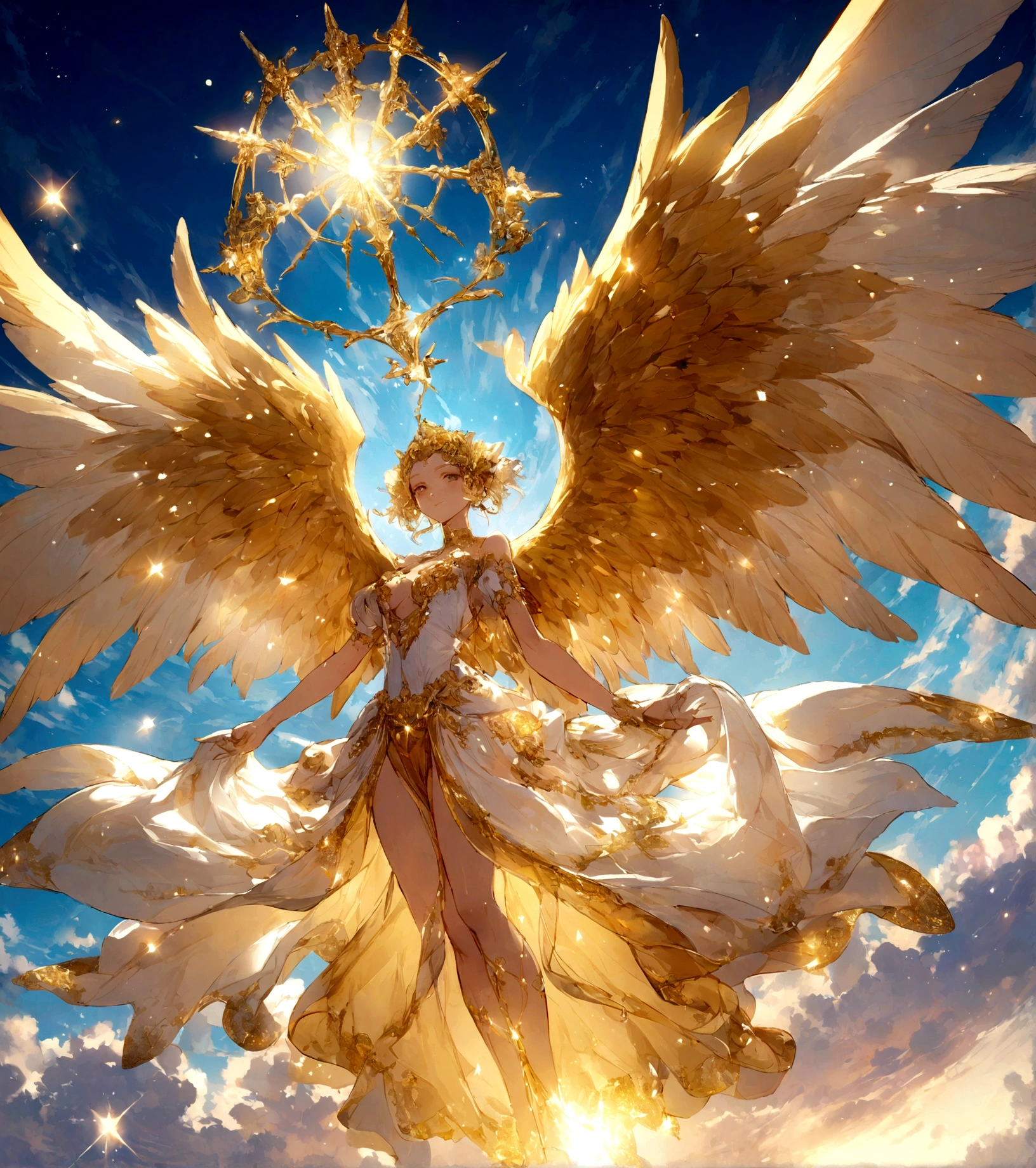 angels in the sky, big wings, shiny, golden, blue sky