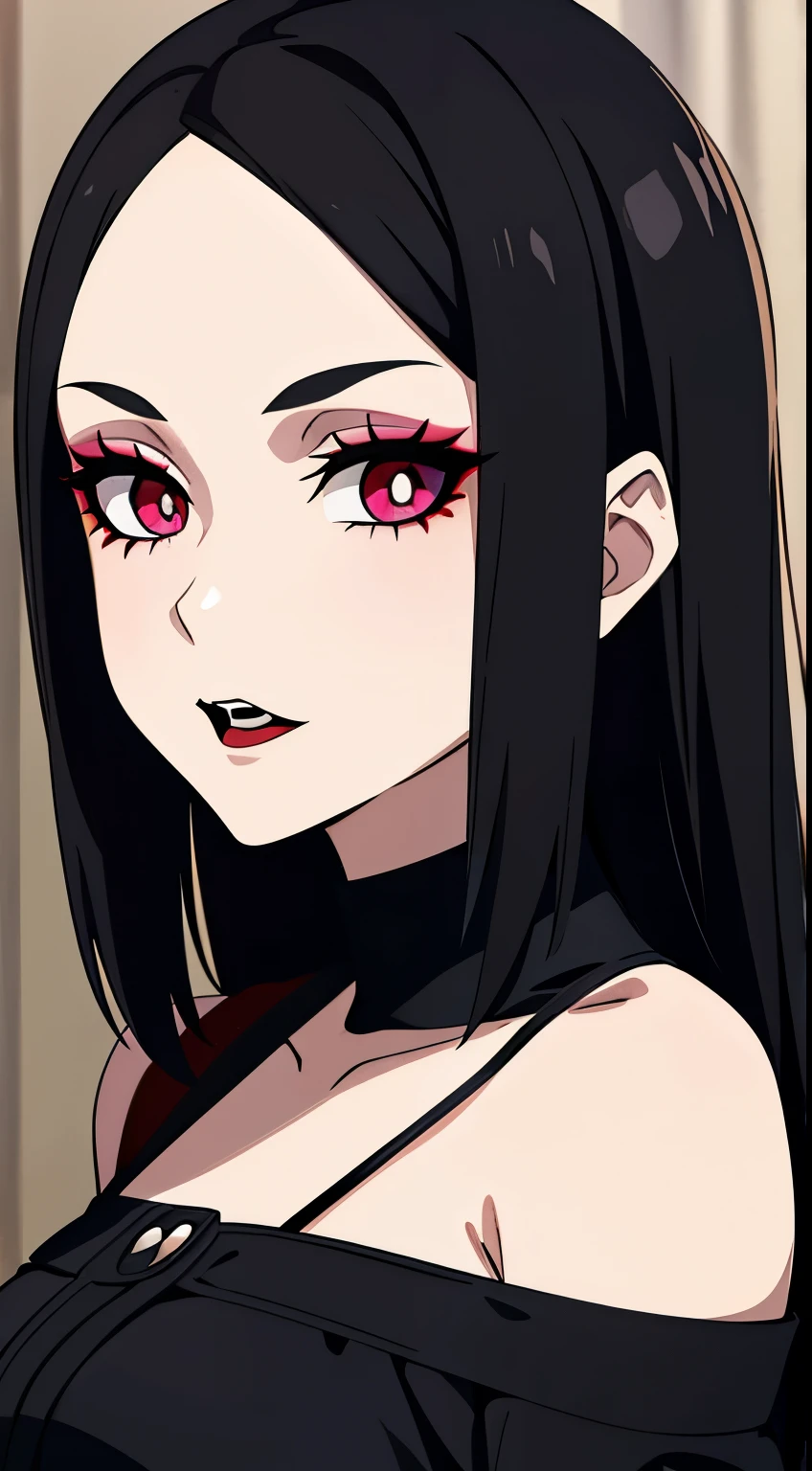 black haired girl , goth makeup , vampire vibes