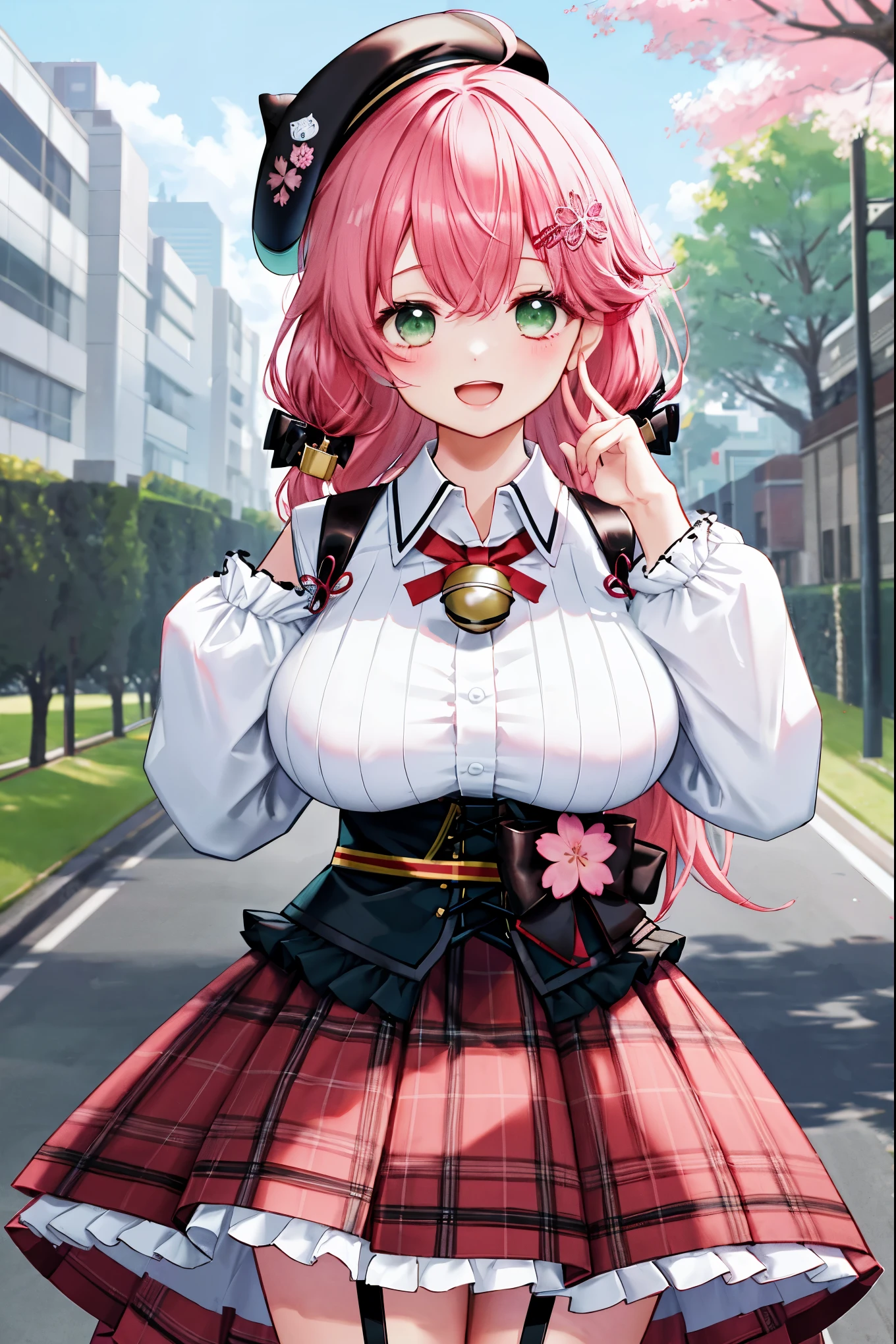 masutepiece, Best_Quality, hight_resolution, miko2,Ponytail, 1girl, Ahoge, black headwear, Hair Ornament, White shirt, black thighhighs, Pink hair, Red_skirt, very_short_skirt, plaid skirts, garter_strap, Collared shirt, hair clips, frilld, Bangs, hair between eye, frills skirt, beret, Pleated skirt, Hair Flower, Neck bell, , puffy long sleeves, Black bow, Underbust, Cowboy Shot,Smile, (gigantic_breasts:1.3),covered_nipples, covered_pussy,green_eyes, happy, childlike_posing,spread_legs,(big_smile:1.2),plump,open_mouth,shout,half_eyes,cherryblossom_park_background,