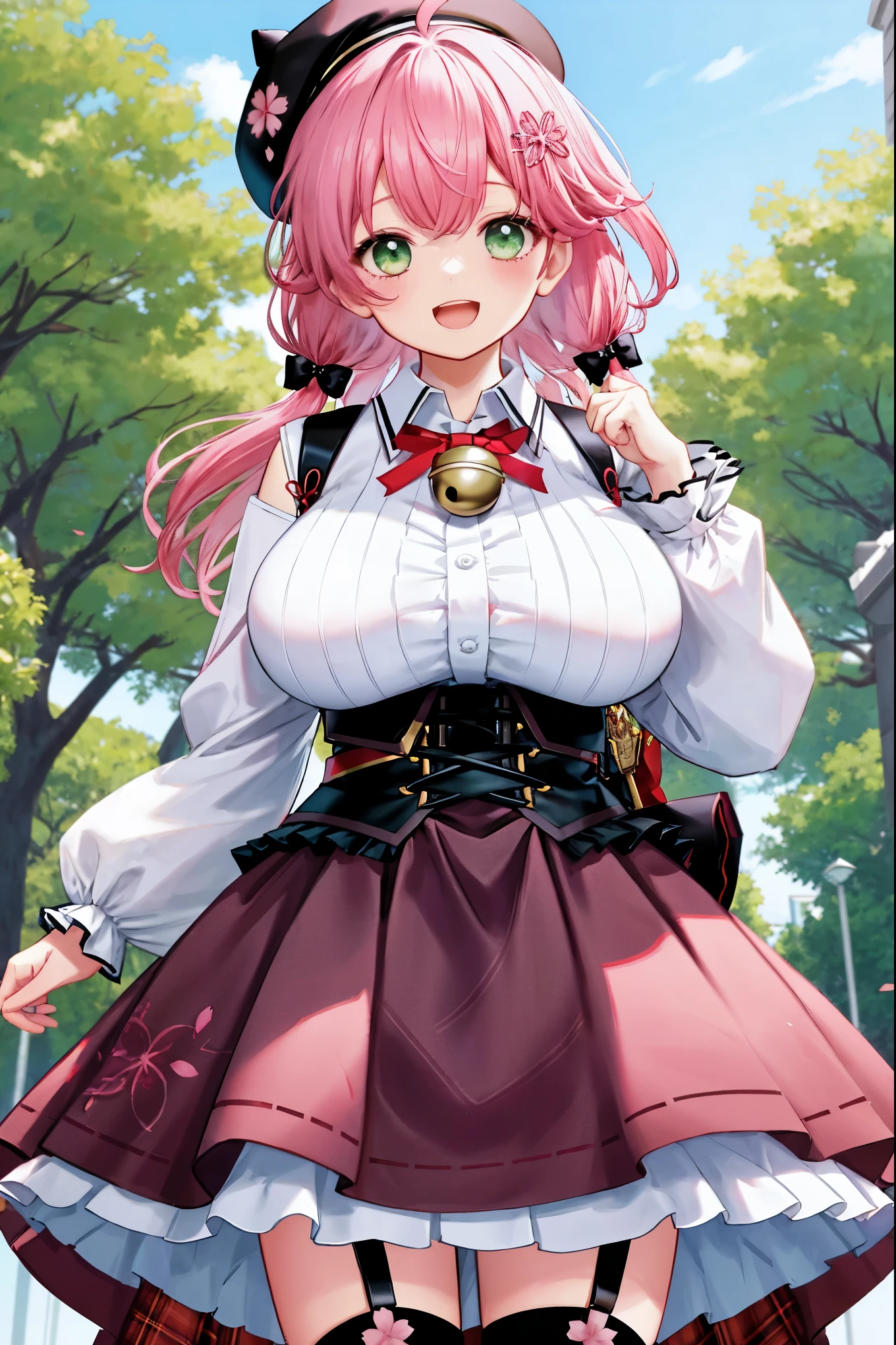 masutepiece, Best_Quality, hight_resolution, miko2,Ponytail, 1girl, Ahoge, black headwear, Hair Ornament, White shirt, black thighhighs, Pink hair, Red_skirt, very_short_skirt, plaid skirts, garter_strap, Collared shirt, hair clips, frilld, Bangs, hair between eye, frills skirt, beret, Pleated skirt, Hair Flower, Neck bell, , puffy long sleeves, Black bow, Underbust, Cowboy Shot,Smile, (gigantic_breasts:1.3),covered_nipples, covered_pussy,green_eyes, happy, childlike_posing,spread_legs,(big_smile:1.2),plump,open_mouth,shout,half_eyes,cherryblossom_park_background,