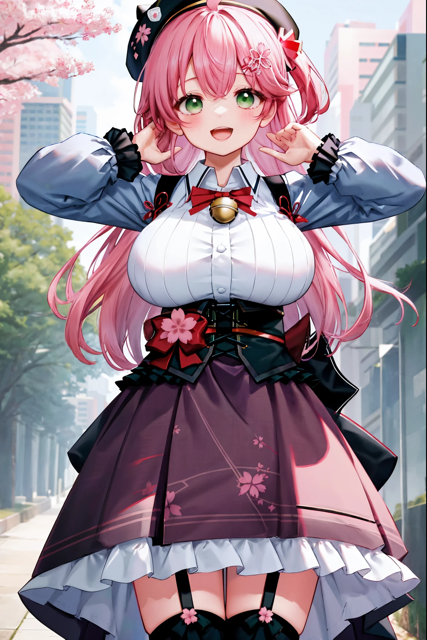 masutepiece, Best_Quality, hight_resolution, miko2,Ponytail, 1girl, Ahoge, black headwear, Hair Ornament, White shirt, black thighhighs, Pink hair, Red_skirt, very_short_skirt, plaid skirts, garter_strap, Collared shirt, hair clips, frilld, Bangs, hair between eye, frills skirt, beret, Pleated skirt, Hair Flower, Neck bell, , puffy long sleeves, Black bow, Underbust, Cowboy Shot,Smile, (gigantic_breasts:1.3),covered_nipples, covered_pussy,green_eyes, happy, childlike_posing,spread_legs,(big_smile:1.2),plump,open_mouth,shout,half_eyes,cherryblossom_park_background,