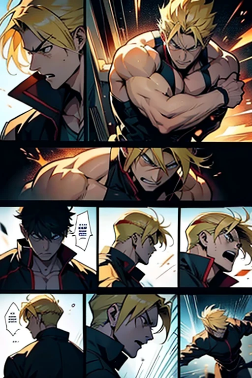 Anime guy with blonde hair fighting and getting hit, intense fight scene and detailed expressions, manga page with panels and dialogue 