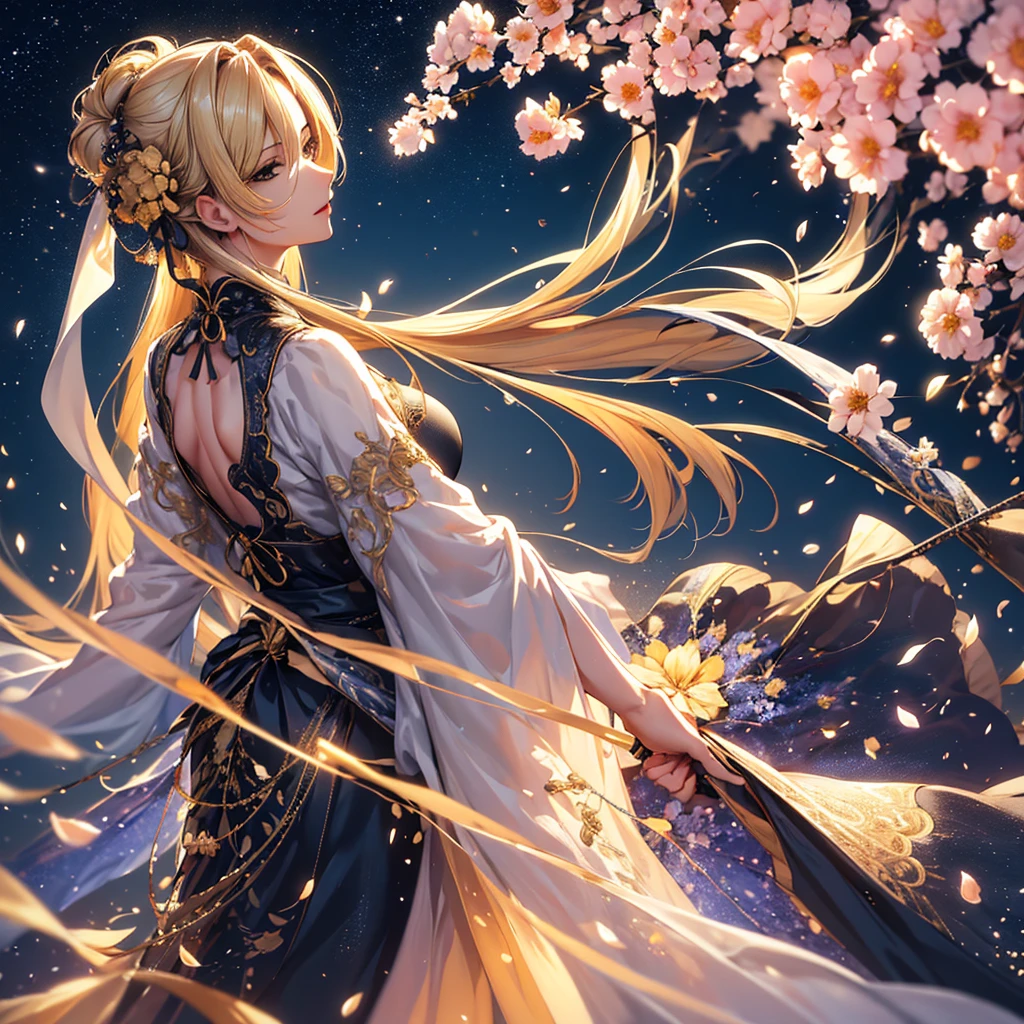 masterpiece, high quality, 4K, Beautiful design, silhouette，blonde， 非常に詳細な夜のStarry Sky,Flower Field， wonderful, Finer details,  Very knowledgeable woman, Highly detailed solo, 1 female,Big Breasts，dress，Night view，Starry Sky，full moon，
