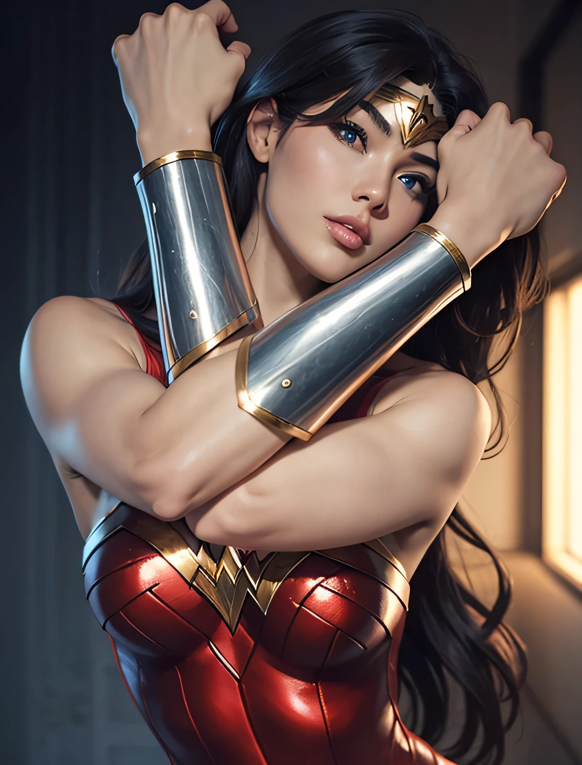 The character Wonder Woman , perfect costume, perfect curves, beautiful face, seductive mouth, beautiful and stunning face