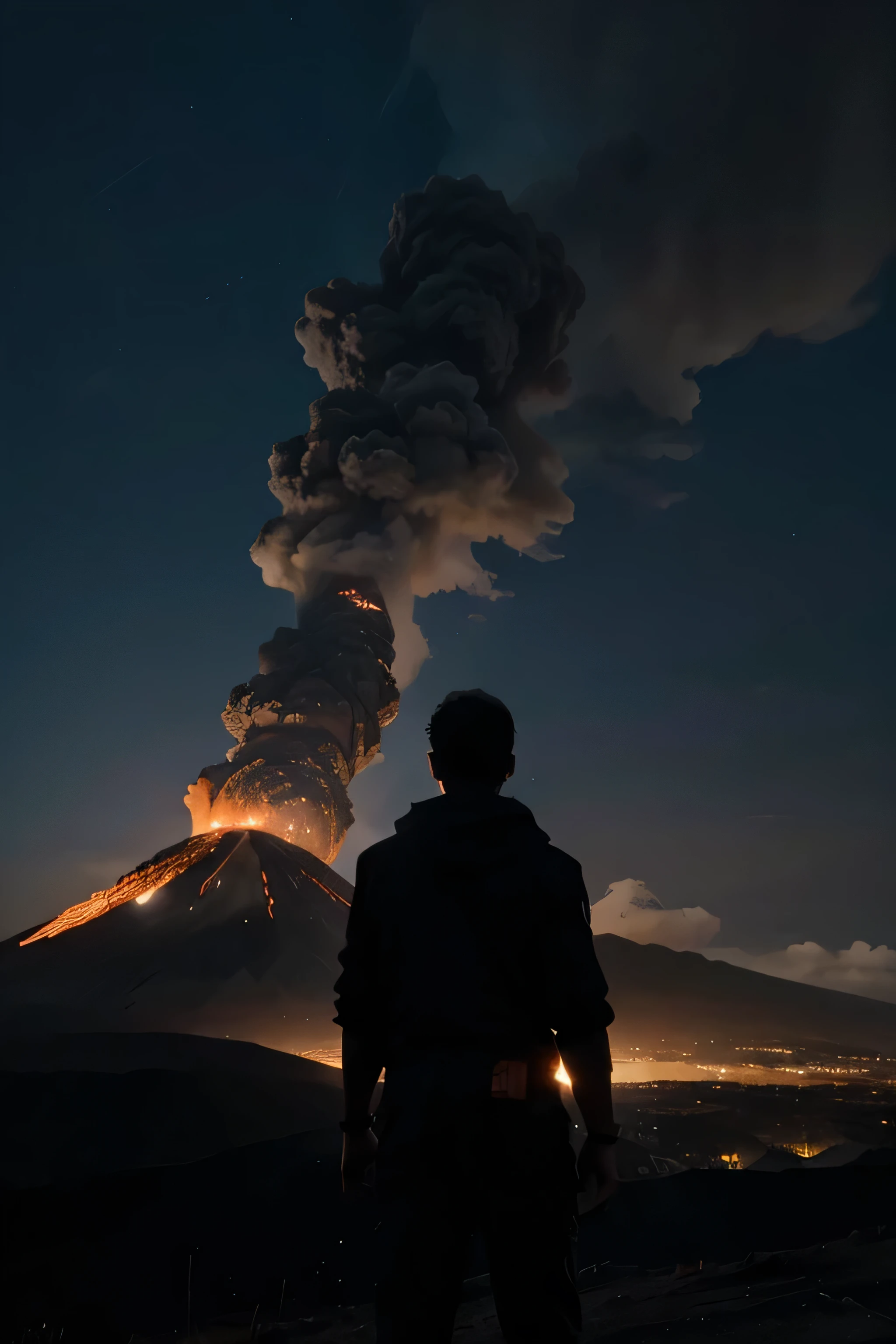 shadow figure standing on a hill and watching volcano erruption while volcano makes sky devastated
