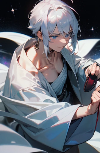 clavicle, Bushes, Flowers, middle part, A little curled, Silver Necklace, Earrings, Face close-up, bangs, white gauze coat,White male、Silver Hair、blue eyes、Holding a red handbag、An inappropriate smile、Dark Wizard, 30-year-old man, young, sexy, Subjective and sensual poses, space magic, Floating, wave fist,Wearing a dirty robe,Large lunar crater in the background,Comet in the sky,Hands together,Push out both fists