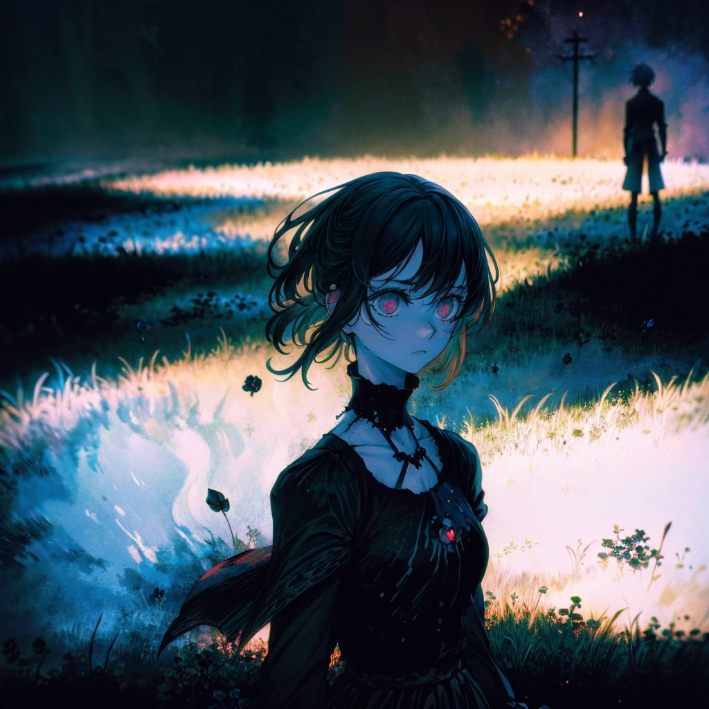 (Kyle Thompson:1.3), anime-style, girl, abandoned park, black roses, death symbol, moonlight, depth, shallow focus, cross shadow, photorealistic, contrast, synthesis, medium difference, dramatic, symbolic, eerie, night, moonlit, mysterious, dark, ethereal, haunting, surreal, atmospheric, artistic.