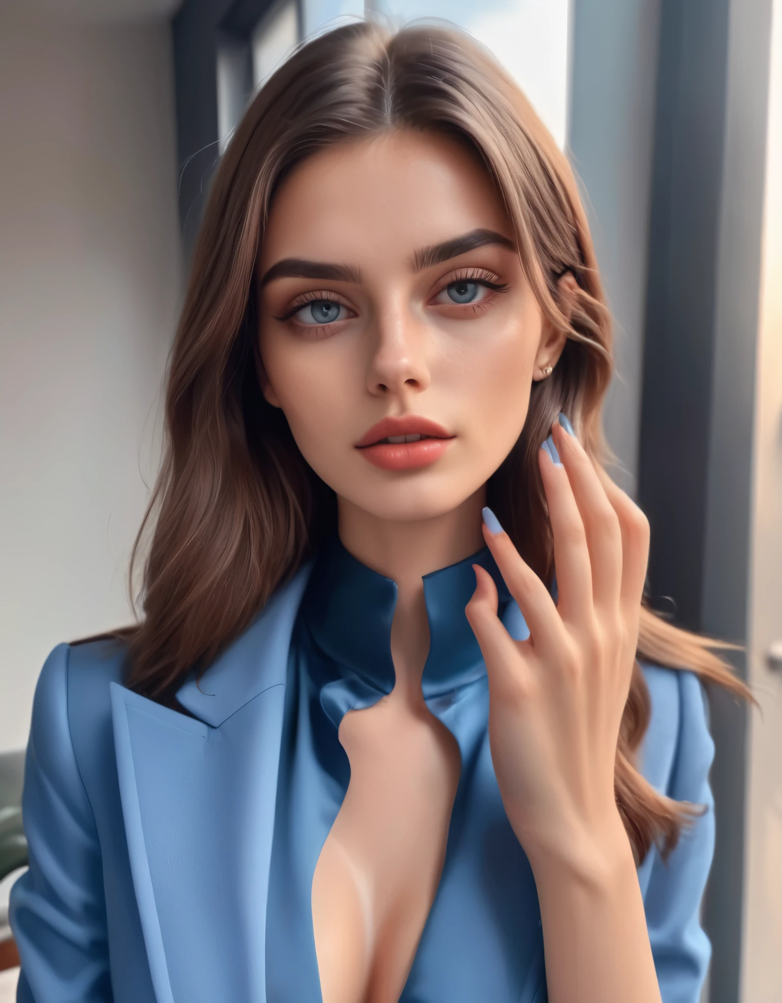 Award-winning photo by slim Aaons of Beautiful Instagram model, dressed in fashion, sharp, magic realism. Perfect realistic skin and hands. Ultra realistic photo, vibrant colors, 8k