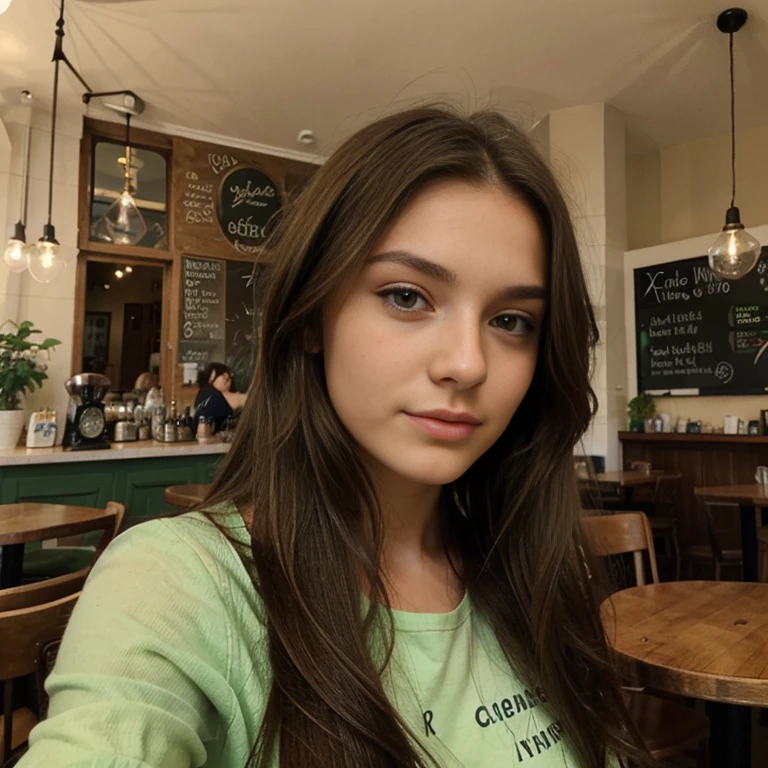 21-year-old brunette European woman with long hair and green eyes
. She makes a cute selfie in a cafe