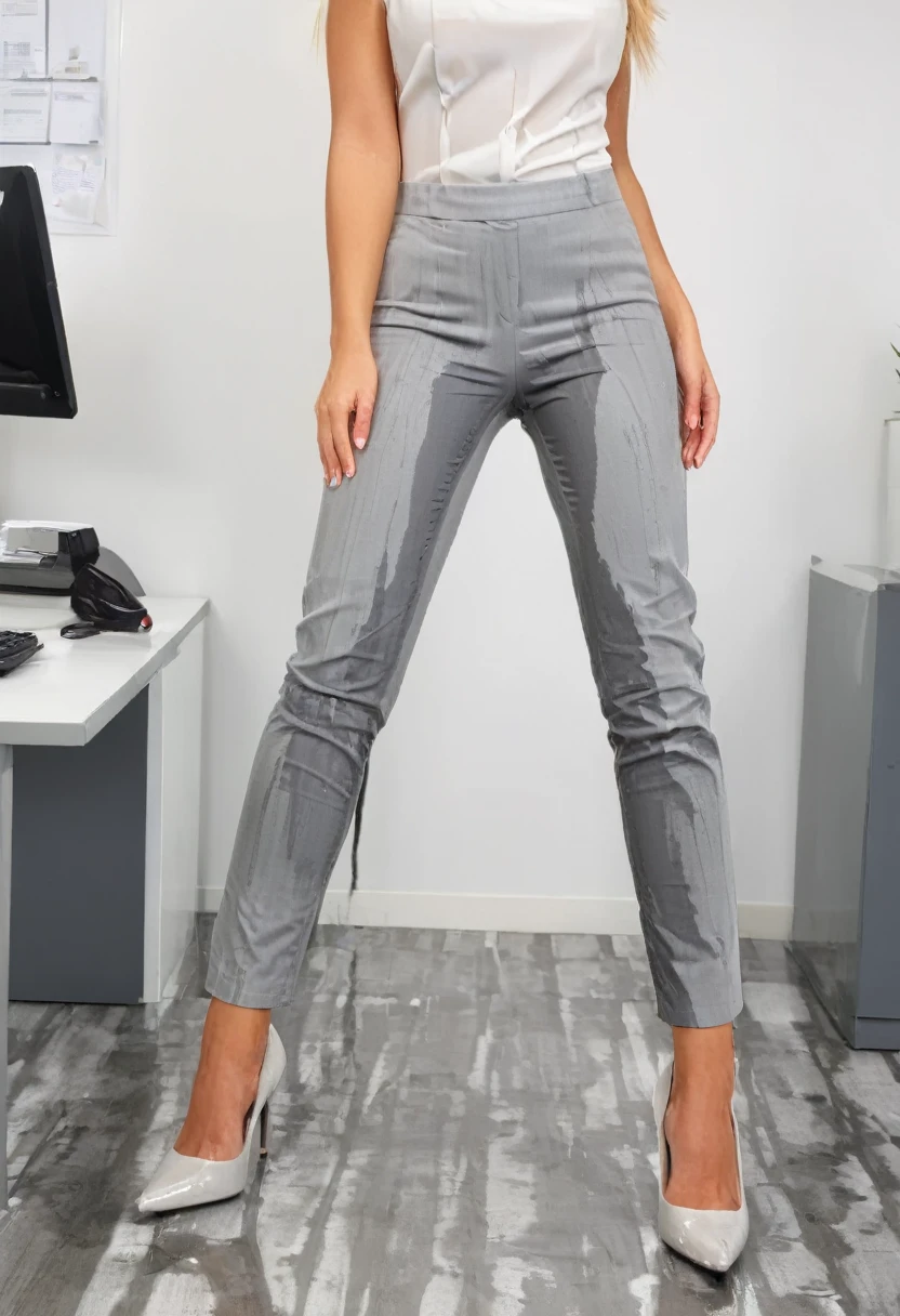 attractive blonde woman wearing gray dress pants, high heel pumps, white blouse, standing in an office, wetting, big smile, pee stains are gleaming wet