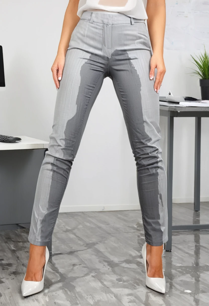 attractive blonde woman wearing gray dress pants, high heel pumps, white blouse, standing in an office, wetting, big smile, pee stains are gleaming wet