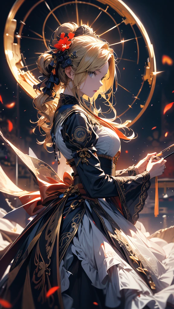 masterpiece, high quality, 4K, Beautiful design, silhouette,blonde, 非常に詳細な夜のStarry Sky,Flower Field, wonderful, Finer details, Very knowledgeable woman, Highly detailed solo, 1 female,Big Breasts,Red Gothic Lolita Fashion,Random Pause,Night view,Starry Sky,full moon,