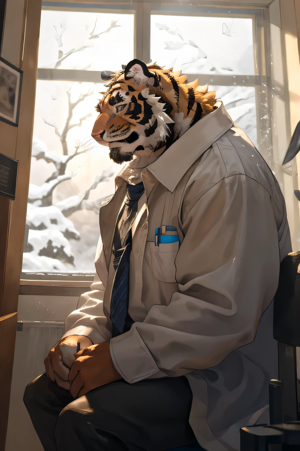 a male tiger-like humanoid creature, sitting by a hospital window, looking outside at the snowy day, smiling, wearing a white lab coat, (best quality,4k,8k,highres,masterpiece:1.2),ultra-detailed,(realistic,photorealistic,photo-realistic:1.37),highly detailed face, piercing eyes, sharp fangs, muscular body, hospital room, window view of snowy landscape, warm lighting, muted color palette