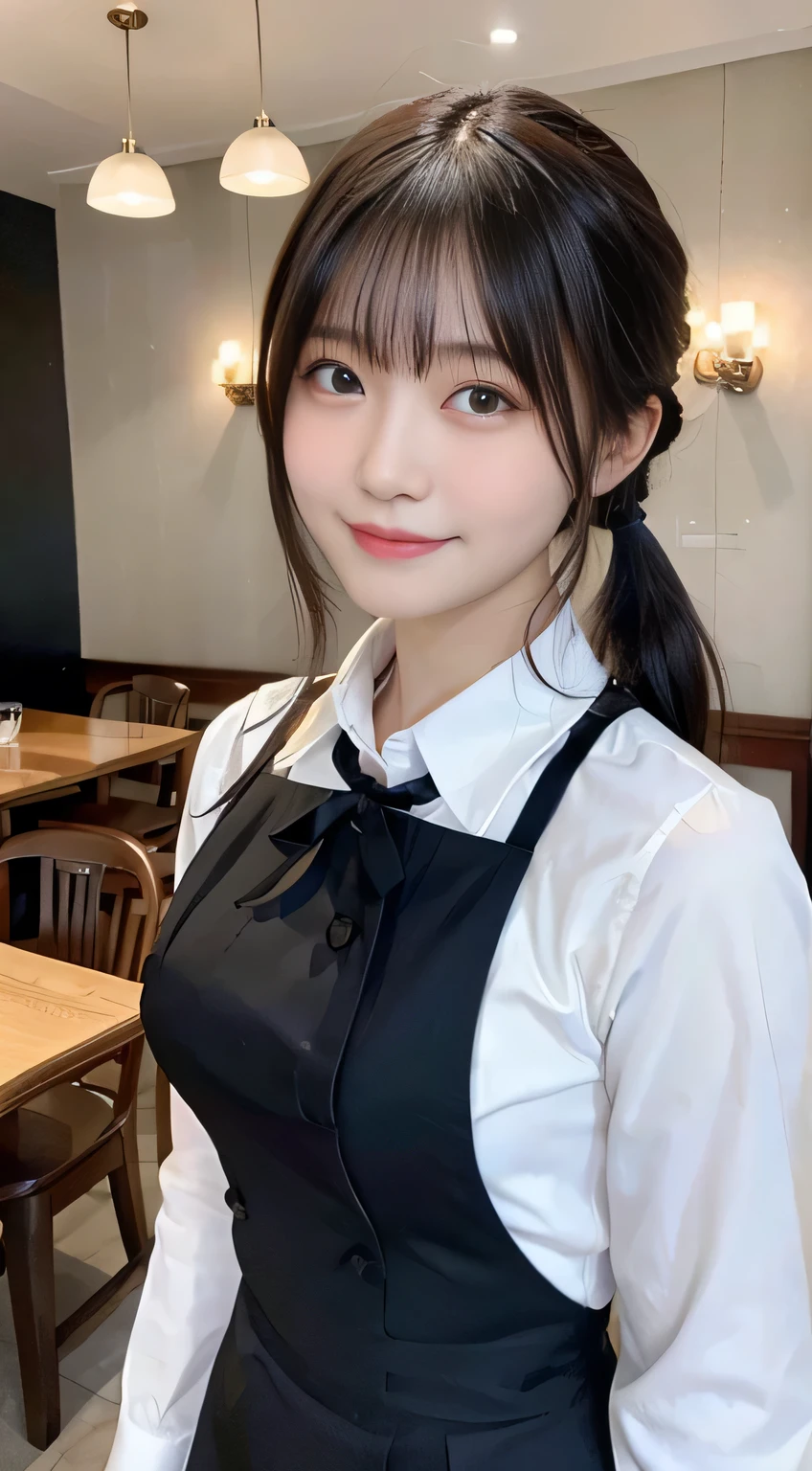 (highest quality,masterpiece:1.3,Ultra-high resolution,),(Very detailed,Caustics),(Photorealistic:1.4,RAW shooting,)Ultra-Realistic Capture,Very detailed,High resolution 16K human skin closeup。 Natural skin texture、,Pores、、、It must be detailed enough to be easily identifiable。 Skin tone is even and healthy looking。 Use natural light and color,restaurant,Waitress Uniform,1 girl,Japanese,18-year-old,cute,Black-haired,ponytail,Big Breasts,smile,Turn your body forward,(Front view:1.1),Looking at the camera,Cowboy Shot,