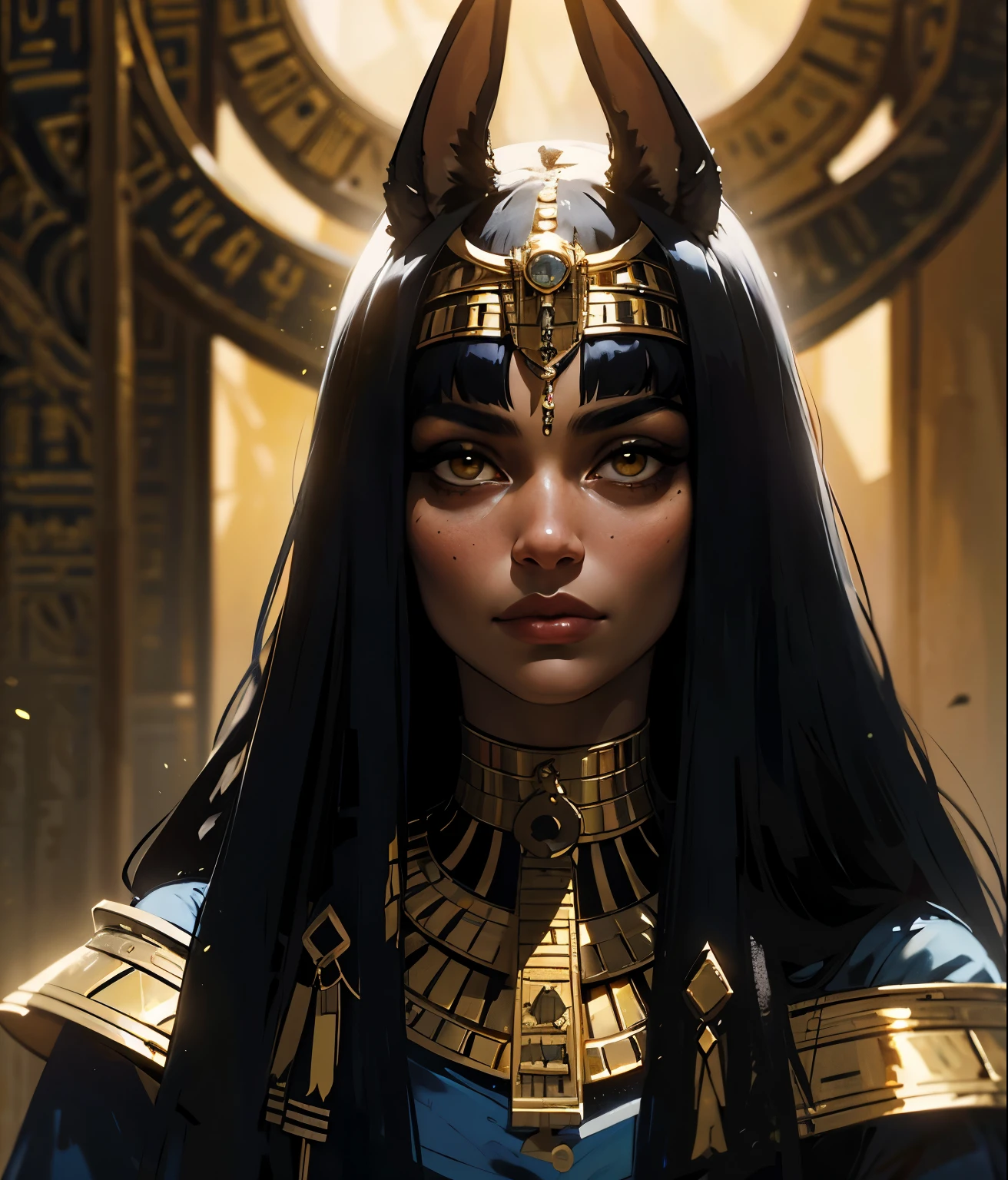 Una imagen de una mujer, cleopatra, cabello largo y negro, cleopatra de Egipto, cuerpo hermoso, buena iluminacion, cleopatra, vestiduras doradas, buena iluminacion, rostro cercano, cleopatra de Egipto, anubis mask from egypt, detalles de oro en joyas, cleopatra de Egipto, ojos dorados, face covered with mask of the god Anubis of Egypt 