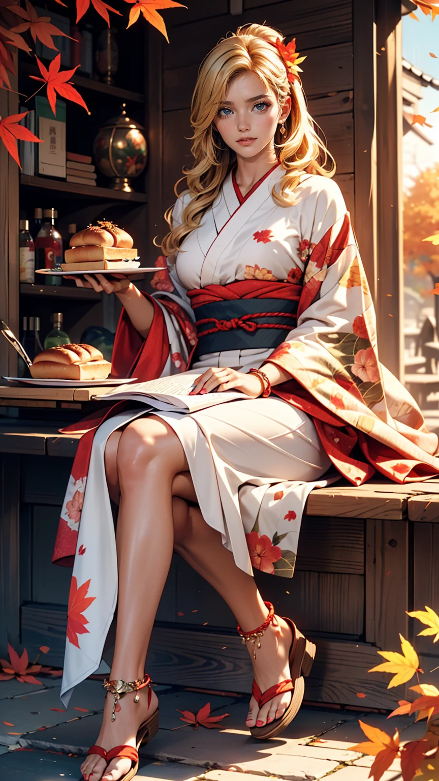 ((最high quality, 8k, masterpiece: 1.3, Ultra HD, high quality, 最high quality, High resolution, realism)) 、Very beautiful 22 year old Caucasian woman、Hair Color: Blonde、Blue Idium Hair、Straight hair、smile、Slim but well-proportioned body、Background Blur((Depth of written boundary))、Near and far in the air((Atmospheric perspective))、I want to keep my head out of the screen.、Put an anklet on your ankle、Wearing red nail polish、Having a pedicure、Making bread、kimono、autumn leaves