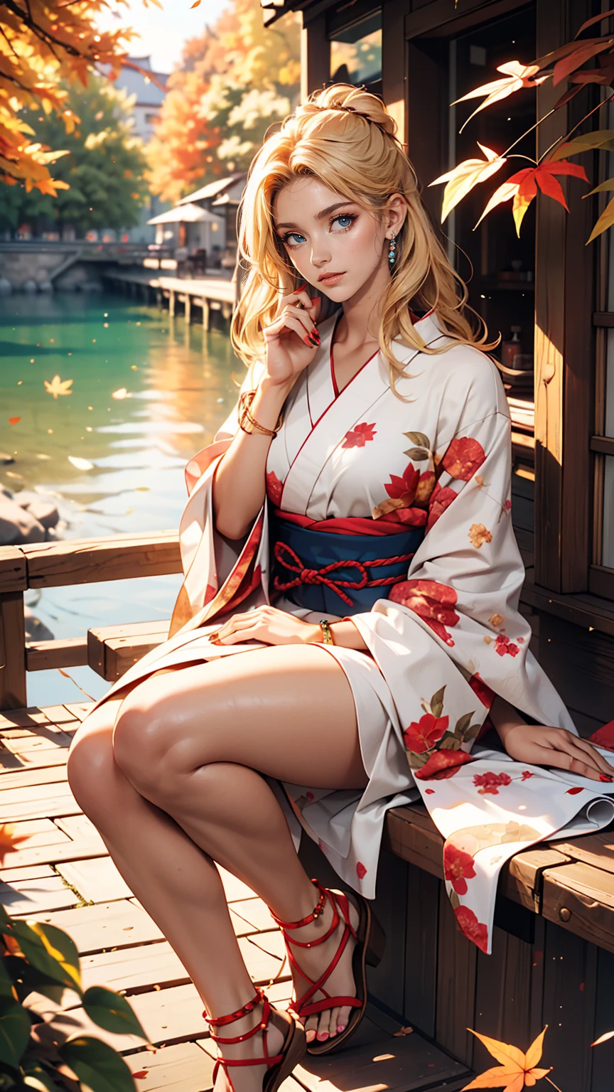 ((最high quality, 8K, masterpiece: 1.3, ultra hd, high quality, 最high quality, High resolution, realism)) 、Beautiful 22 year old Caucasian woman、hair color blonde、blue idium hair、straight hair、smile、Slender but well-proportioned muscular body、Athlete-like figure、i don't'I don't want my head to disappear from the screen..、Wear accessories on your wrist、Wearing red nail polish、Having a pedicure、Sitting on the balcony of a Japanese house in rural Japan、that'summer、Wind chimes are hung at the eaves.、barefoot、fan、Beyond the balcony is a courtyard.、wear a Yukata