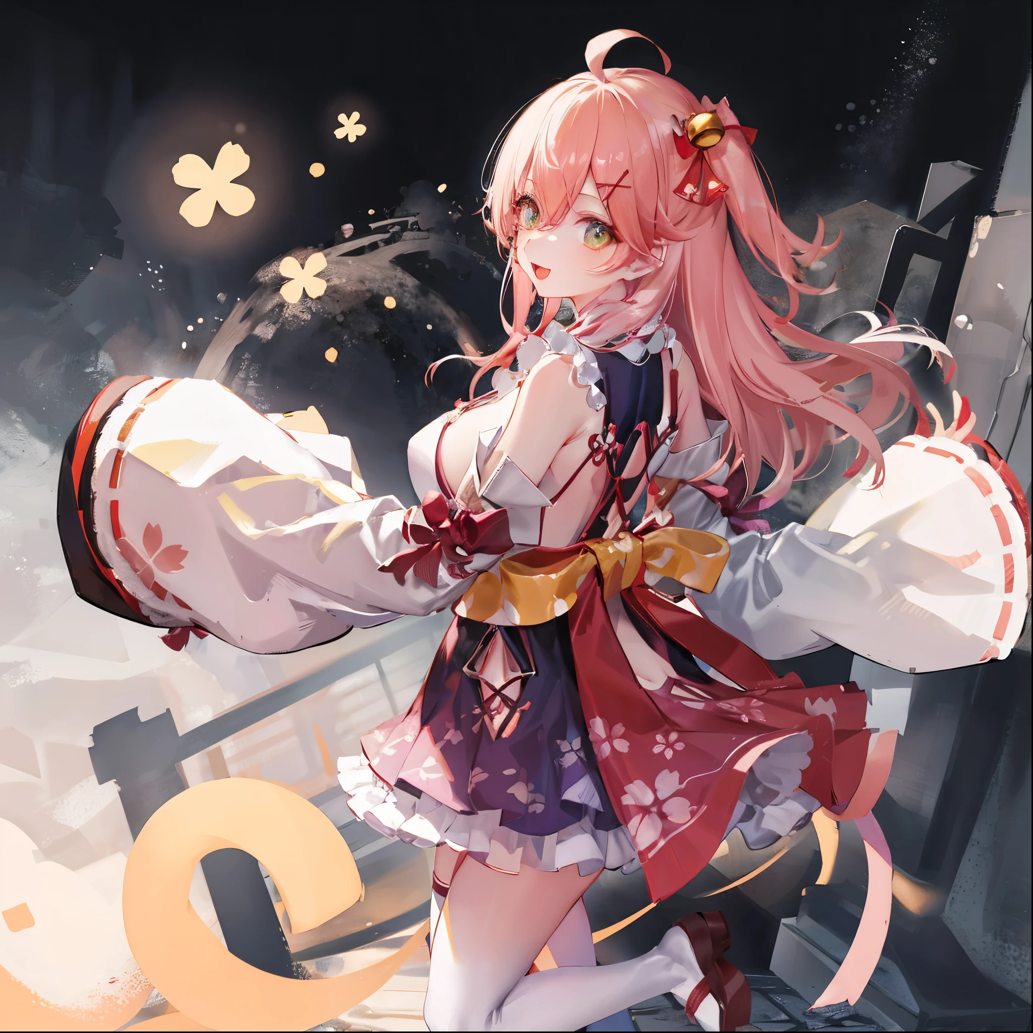 masterpiece, best quality, highres, miko1, sakura_miko, 1girl, big_boobs, solo, ahoge, x_hair_ornament, pink_hair, floral print, hairclip,(side_less_clothes:1.5), (side_boobs:1.5), hair_bell, floral print, long_hair, hair between eyes, one side up, white thighhighs, asymmetrical legwear, wide sleeves, open_mouth,(happy:1.3),gleen_eyes,big_smile,(rise_leg:1.3),plump,apart_legs,(overly_long_sleeves:1.3),),sleeves_past_wrists,hands_hidden_sleeves,sidelock_clothes,dynamic_jumping,solo,hidden_wrists,(XD:1.4),covered_nipples,sunlight,cherryblossom_background,