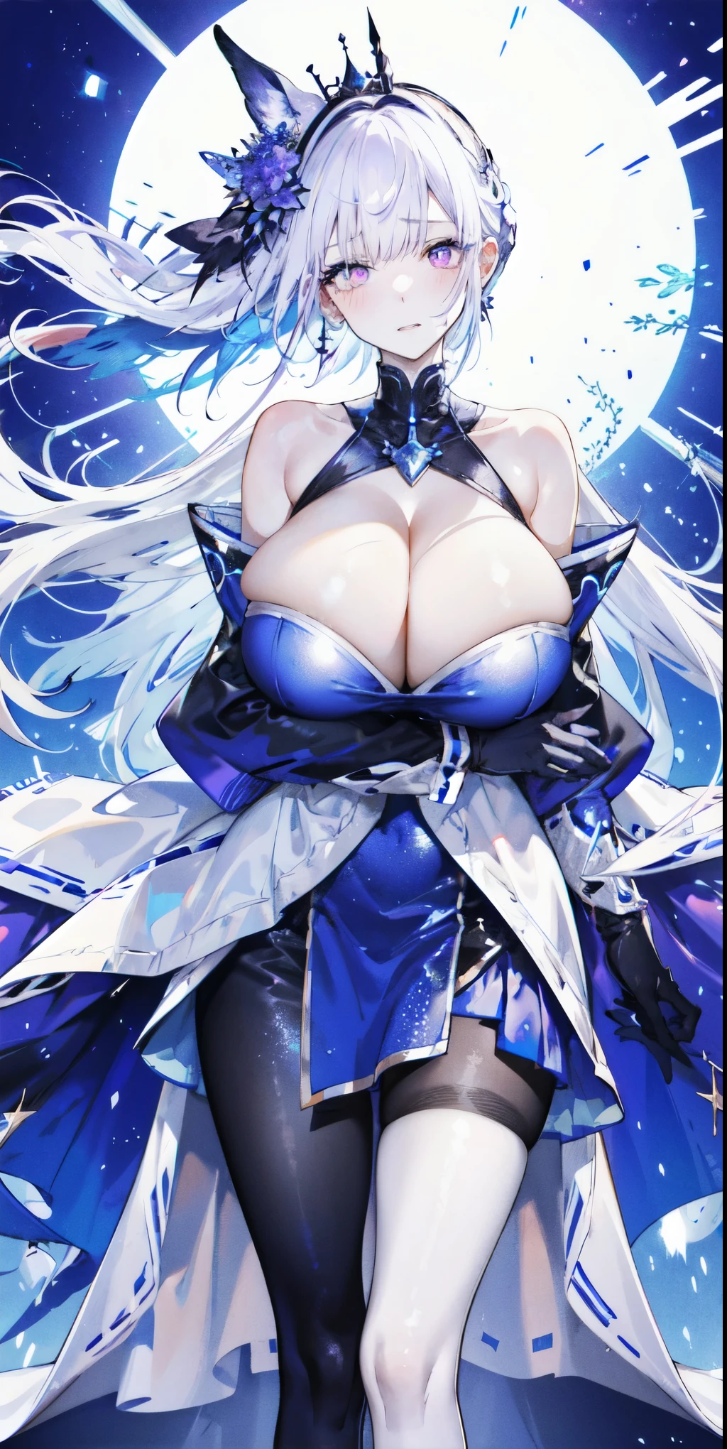 ((masterpiece:1.4,best quality)),(Super detailed),(Extremely detailed eyes),(black leggings,Shiny socks:1.5),Hello Darkness
(Cute girls),,(Blood-red pupils,Diamond-shaped pupil:1.15),Purple Eyeshadow,(elongated hair,Thick hair,Single ponytail,shiny hair:1.5)(Changes through:1.2),White skin,despair,sad,Empty eyes,tears streaming down my face,tilting its head to the side,kneel
(She wears blue armor,A blue dress,:1.5),(Black gloves:1.4)Very long plush sleeves,White,White Cloud,Dream bubbles ,Ice and glitter effects
(Black long skirt:1.1),
(dawn:1.2),
(Intense black and white:1.16),(Depth of Field:1.4),,Intricate details,(Castle in the Sky,Standing by the lake,Purple flowers by the lake),(((Huge breasts,Bare breasts,Deep cleavage)))