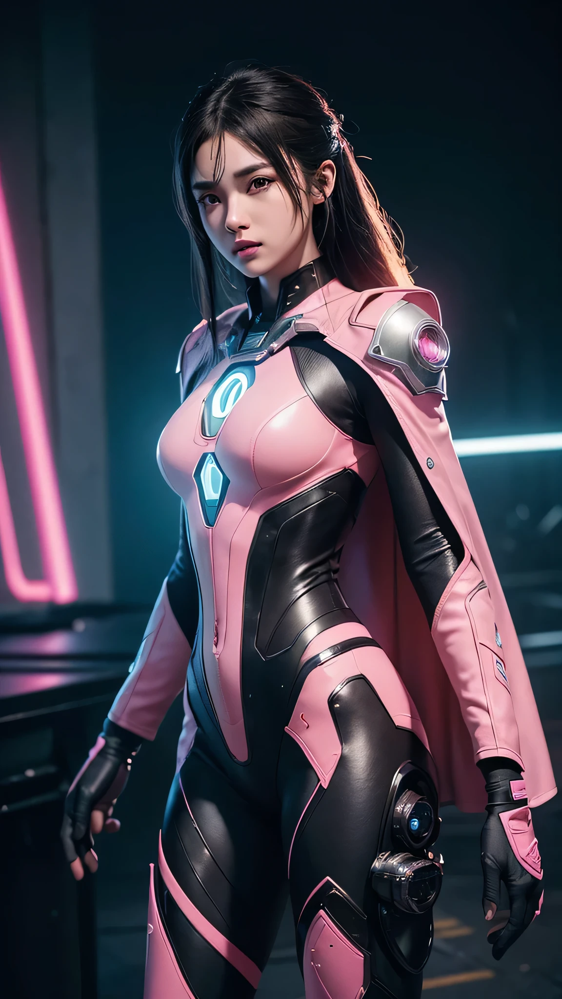 ((Best quality)), ((masterpiece)), (detailed:1.4), 3D, an image of a beautiful cyberpunk female with a cape, HDR (High Dynamic Range),Ray Tracing,NVIDIA RTX,Super-Resolution,Unreal 5,Subsurface scattering,PBR Texturing,Post-processing,Anisotropic Filtering,Depth-of-field,Maximum clarity and sharpness,Multi-layered textures,Albedo and Specular maps,Surface shading,Accurate simulation of light-material interaction, Pink Neon suit, Perfect proportions,Octane Render,Two-tone lighting,Wide aperture,Low ISO,White balance,Rule of thirds,8K RAW,
