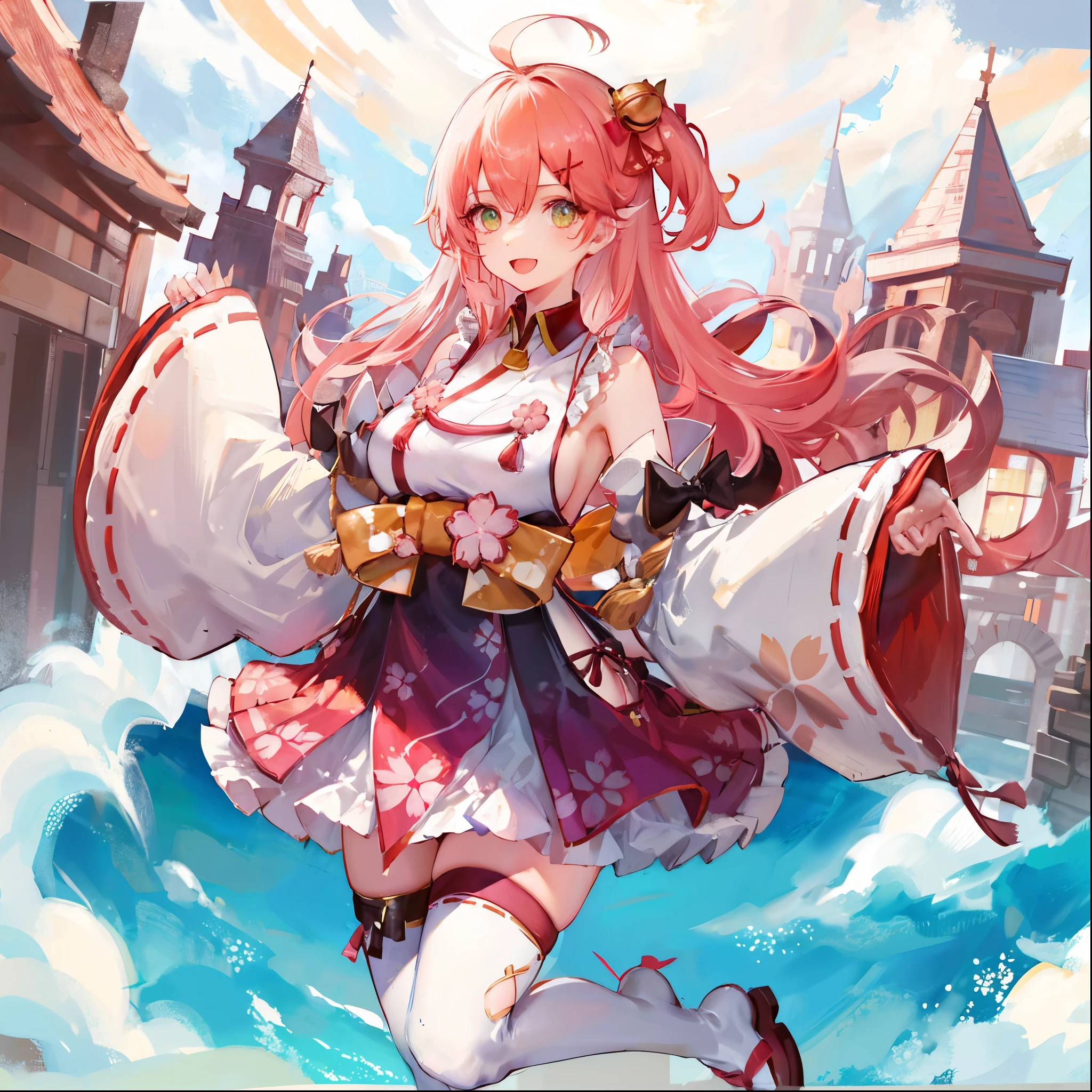 masterpiece, best quality, highres, miko1, sakura_miko, 1girl, big_boobs, solo, ahoge, x_hair_ornament, pink_hair, floral print, hairclip,(side_less_clothes:1.5), (side_boobs:1.5), hair_bell, floral print, long_hair, hair between eyes, one side up, white thighhighs, asymmetrical legwear, wide sleeves, open_mouth,(happy:1.3),gleen_eyes,big_smile,(rise_leg:1.3),plump,apart_legs,(overly_long_sleeves:1.3),),sleeves_past_wrists,hands_hidden_sleeves,sidelock_clothes,dynamic_jumping,solo,hidden_wrists,(XD:1.4),covered_nipples,sunlight,cherryblossom_background,