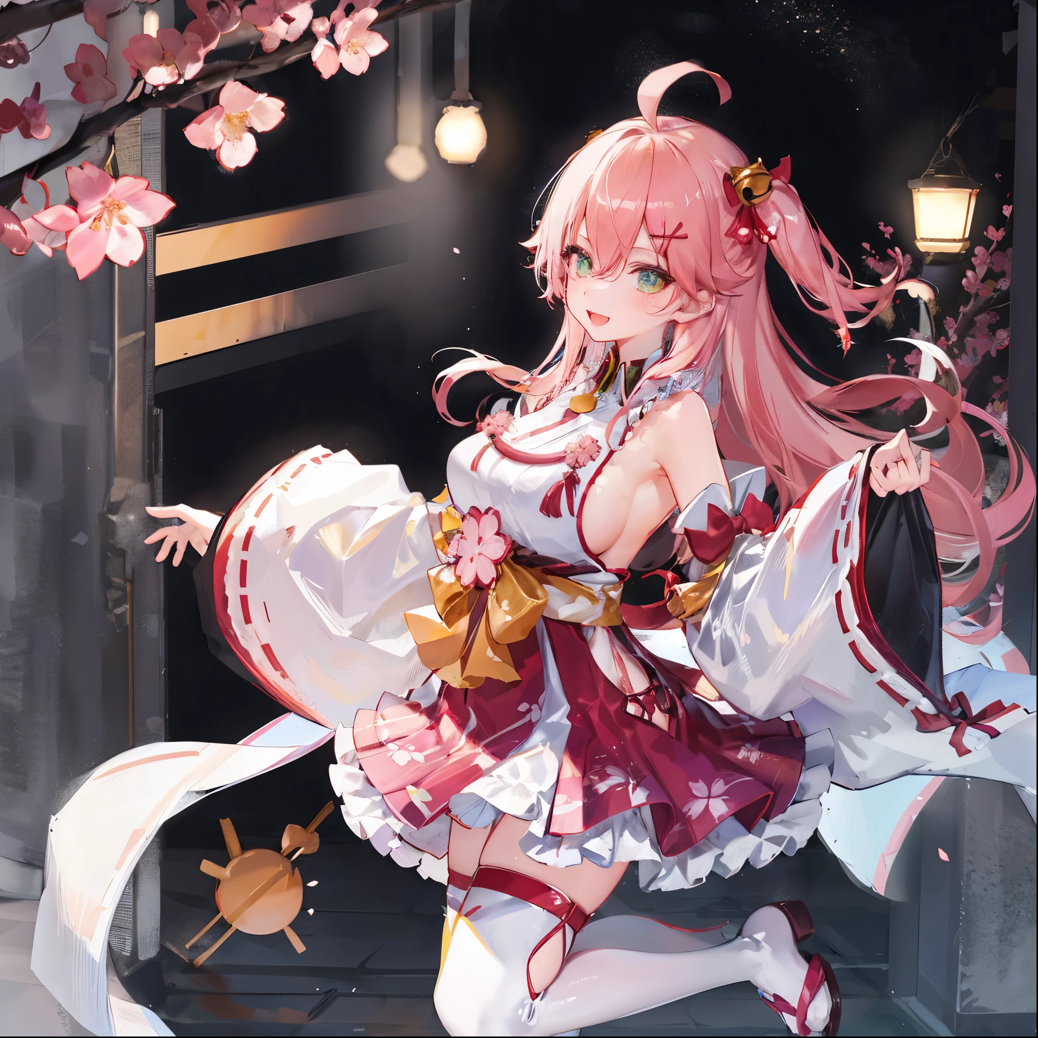 masterpiece, best quality, highres, miko1, sakura_miko, 1girl, big_boobs, solo, ahoge, x_hair_ornament, pink_hair, floral print, hairclip,(side_less_clothes:1.5), (side_boobs:1.5), hair_bell, floral print, long_hair, hair between eyes, one side up, white thighhighs, asymmetrical legwear, wide sleeves, open_mouth,(happy:1.3),gleen_eyes,big_smile,(rise_leg:1.3),plump,apart_legs,(overly_long_sleeves:1.3),),sleeves_past_wrists,hands_hidden_sleeves,sidelock_clothes,dynamic_jumping,solo,hidden_wrists,(XD:1.4),covered_nipples,sunlight,cherryblossom_background,