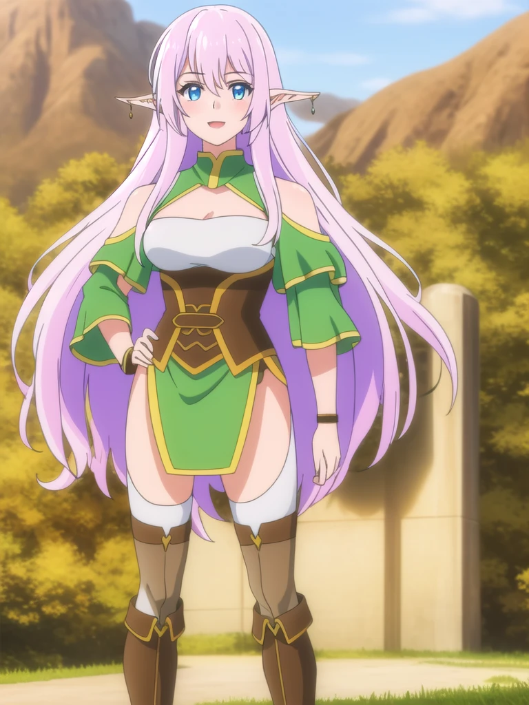 (((Best quality))),((Ultra-detailed)),((illustration)),((Disheveled hair)),((frilld)),(1 girl),
1girl , bangs , boots , breasts , brown footwear , cleavage , elf , eyebrows visible through hair , from above , grass , green background , hair between eyes , large breasts , long hair , looking at viewer , medium breasts , on back , on grass , open mouth , outdoors , parted lips , LavenderBlush hair , pointy ears , smile , solo , thighhighs , thighs , very long hair
